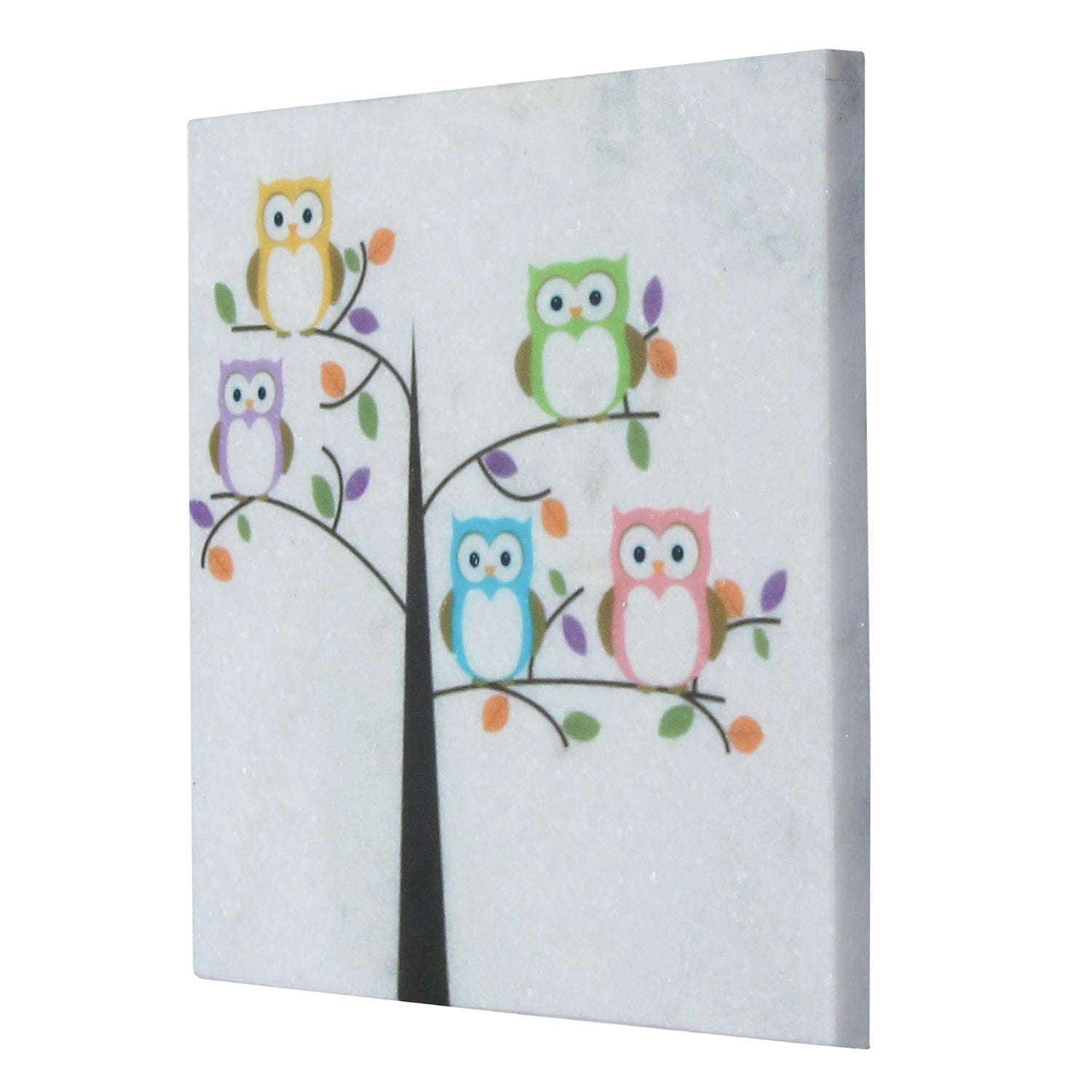 Colorful Owls sitting on a Tree Painting On Marble Square Tile 3