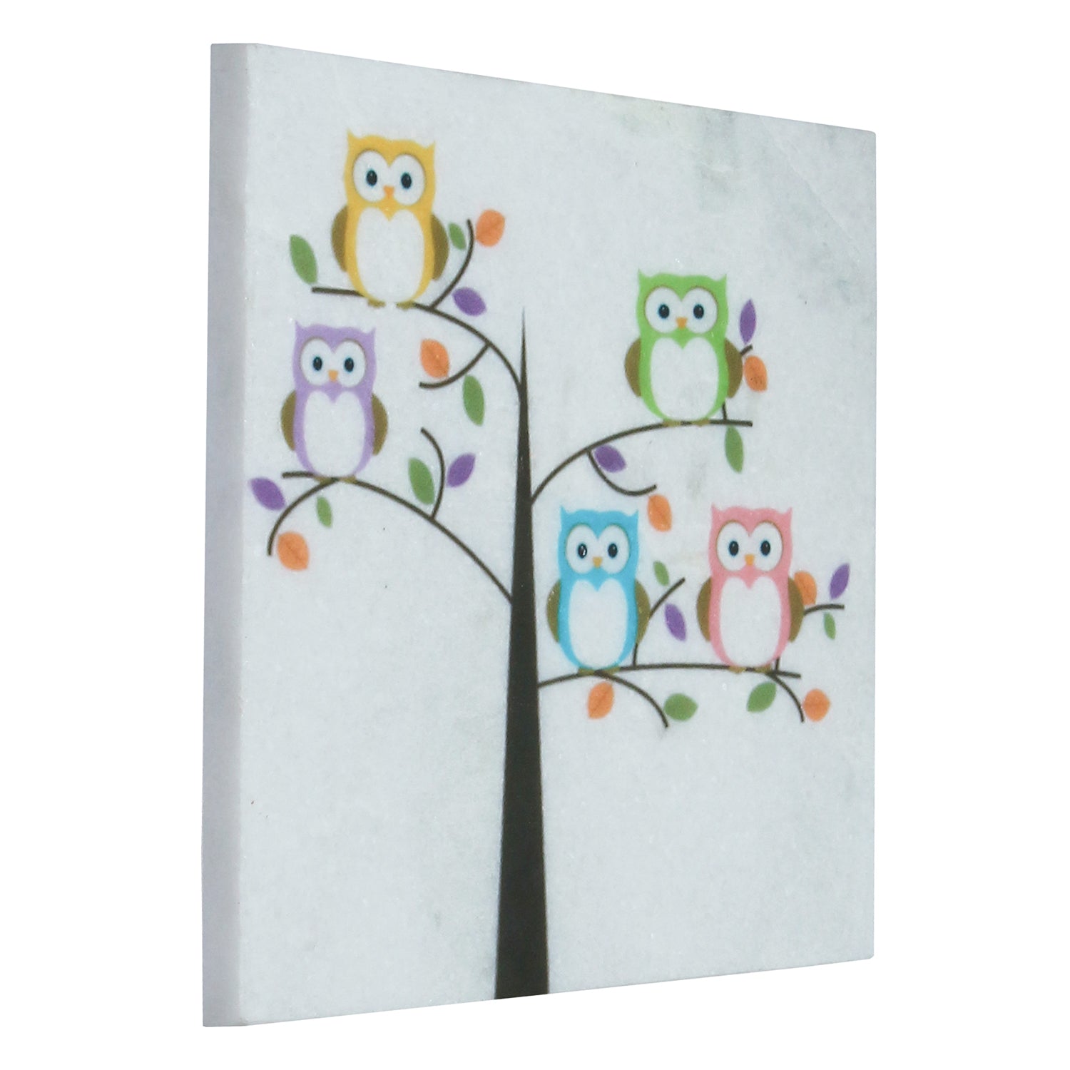 Colorful Owls sitting on a Tree Painting On Marble Square Tile 4