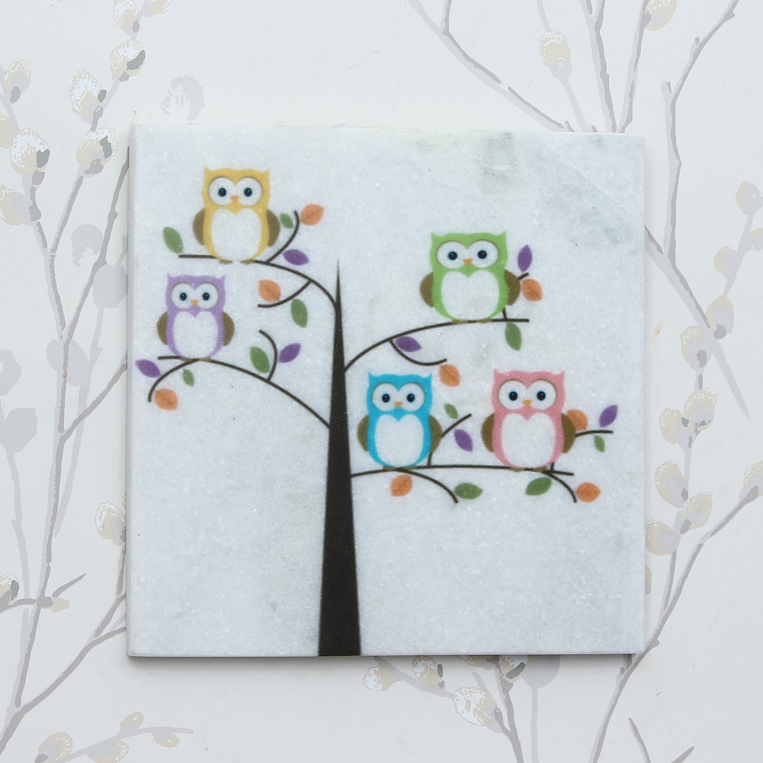 Colorful Owls sitting on a Tree Painting On Marble Square Tile 6