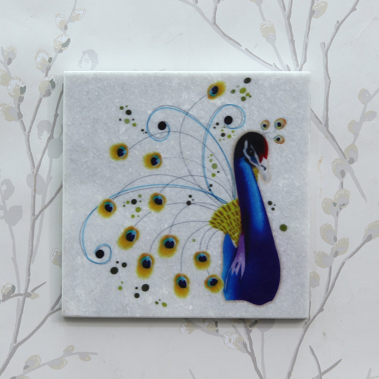 Colorful Dancing Peacock Painting On Marble Square Tile 1