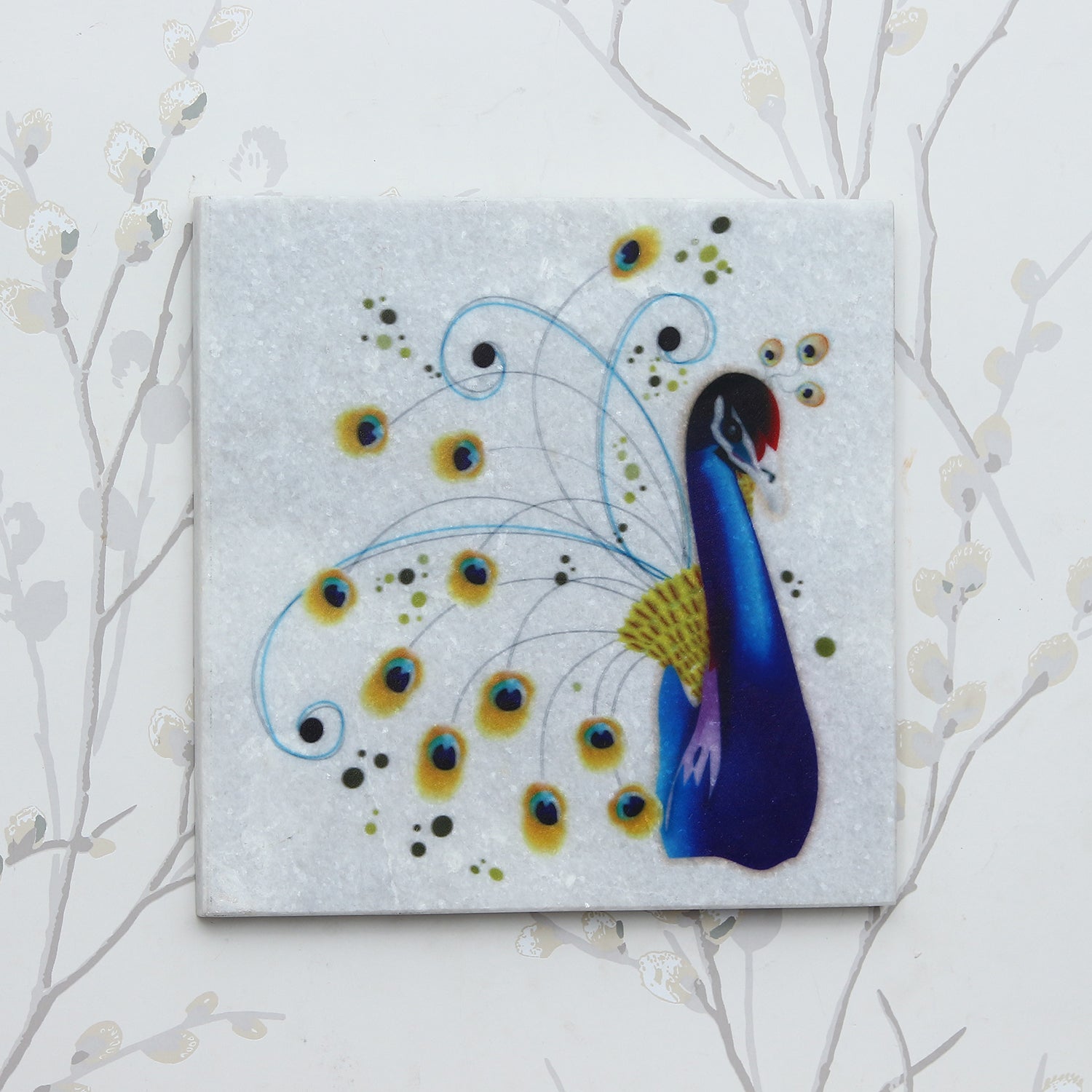 Colorful Dancing Peacock Painting On Marble Square Tile 6
