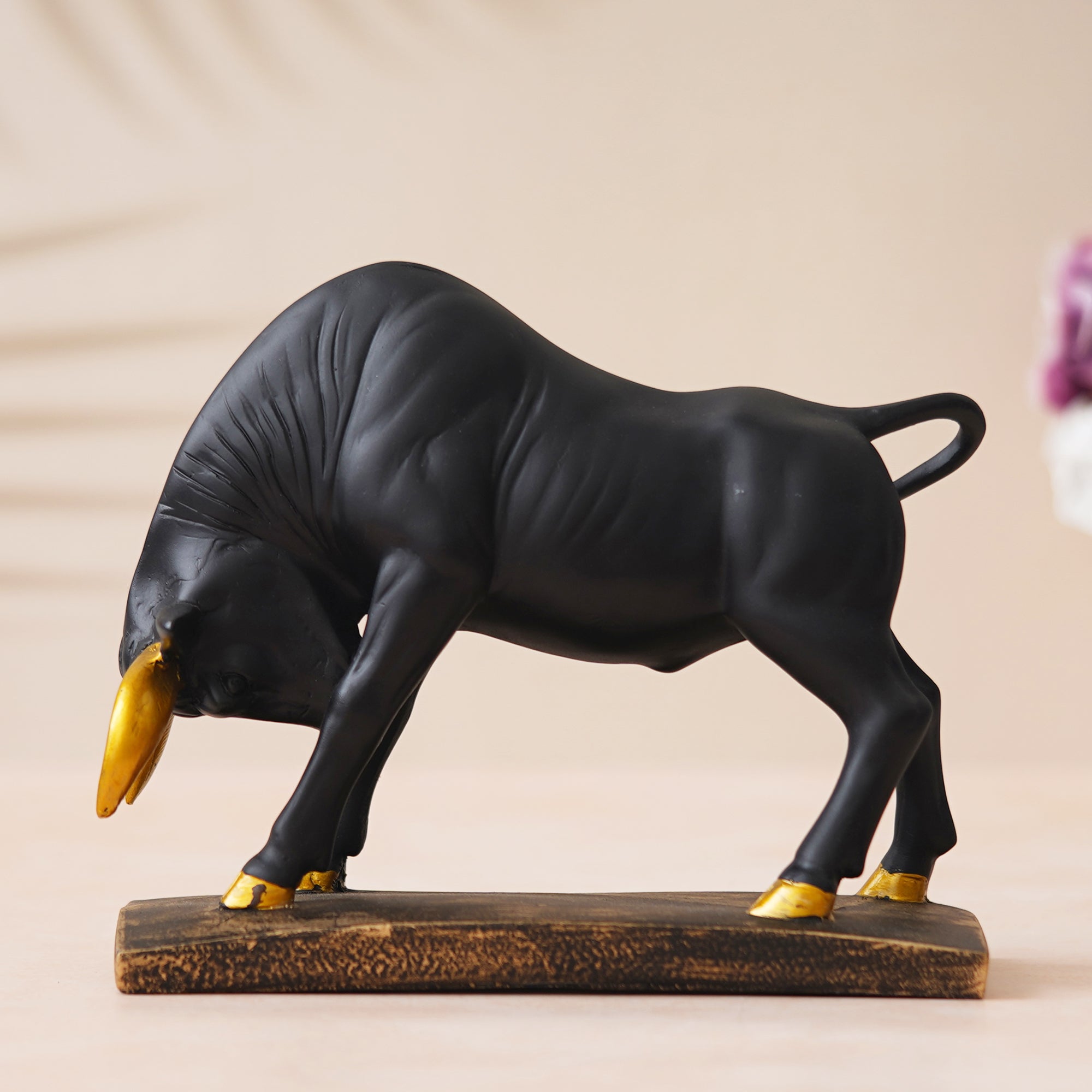 eCraftIndia Black and Golden Polyresin Charging Bull Statue Animal Figurine Decorative Showpiece 4