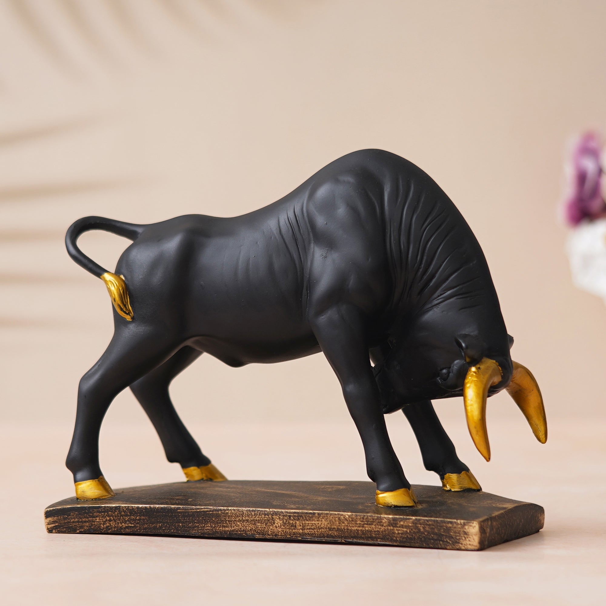 eCraftIndia Black and Golden Polyresin Charging Bull Statue Animal Figurine Decorative Showpiece 5