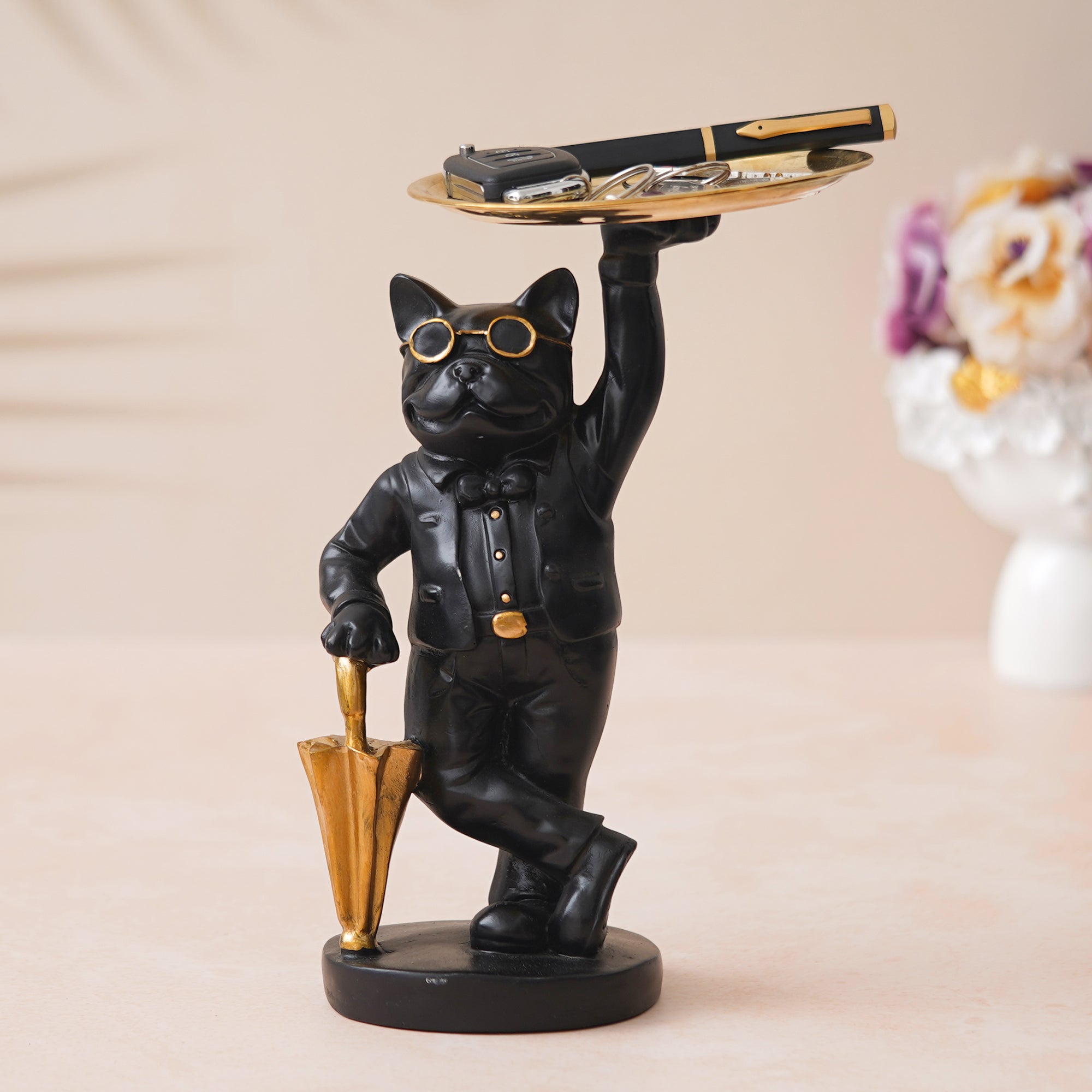 eCraftIndia Golden Black Cat Statue in Formal Dress and Sunglasses with Umbrella Animal Showpiece