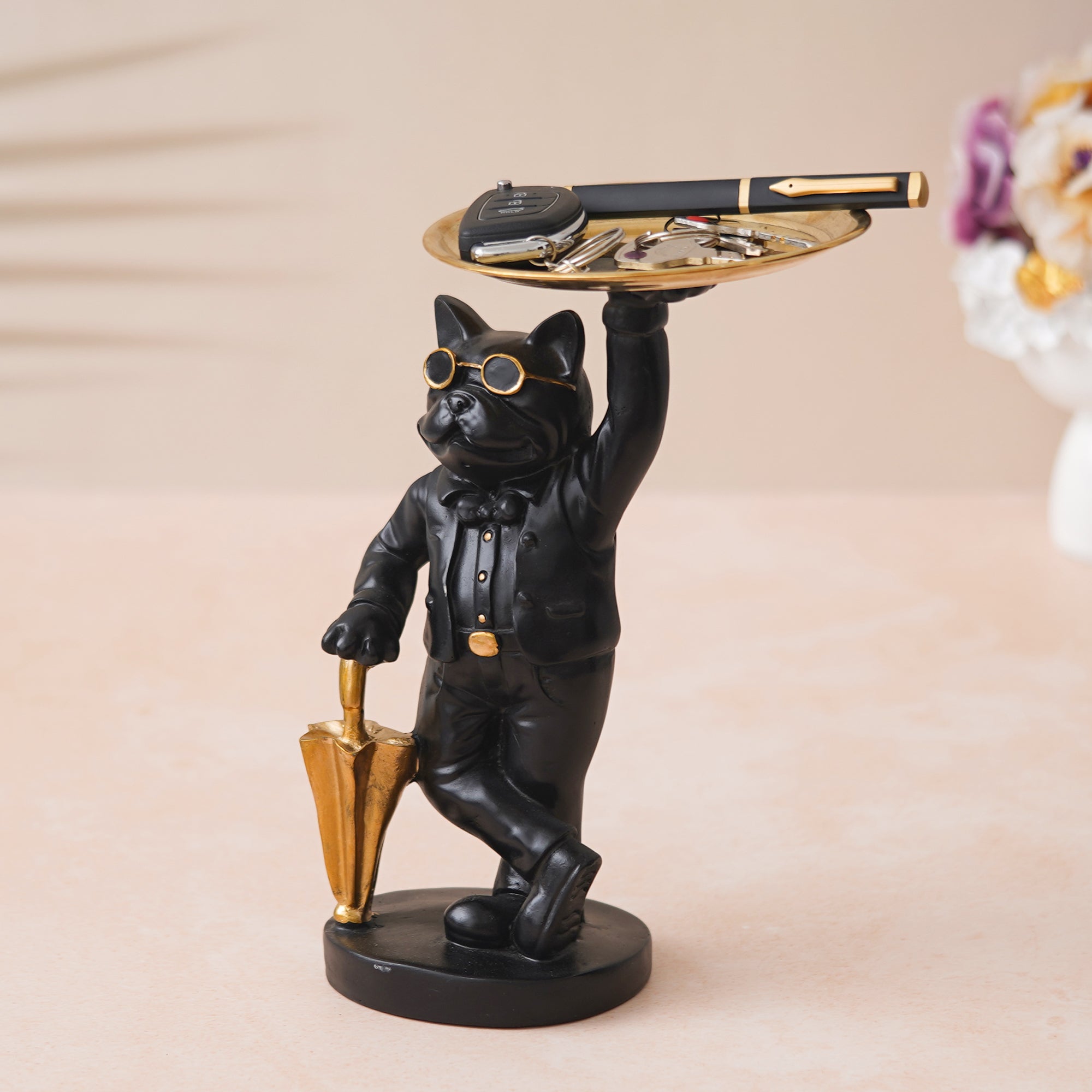 eCraftIndia Golden Black Cat Statue in Formal Dress and Sunglasses with Umbrella Animal Showpiece 1