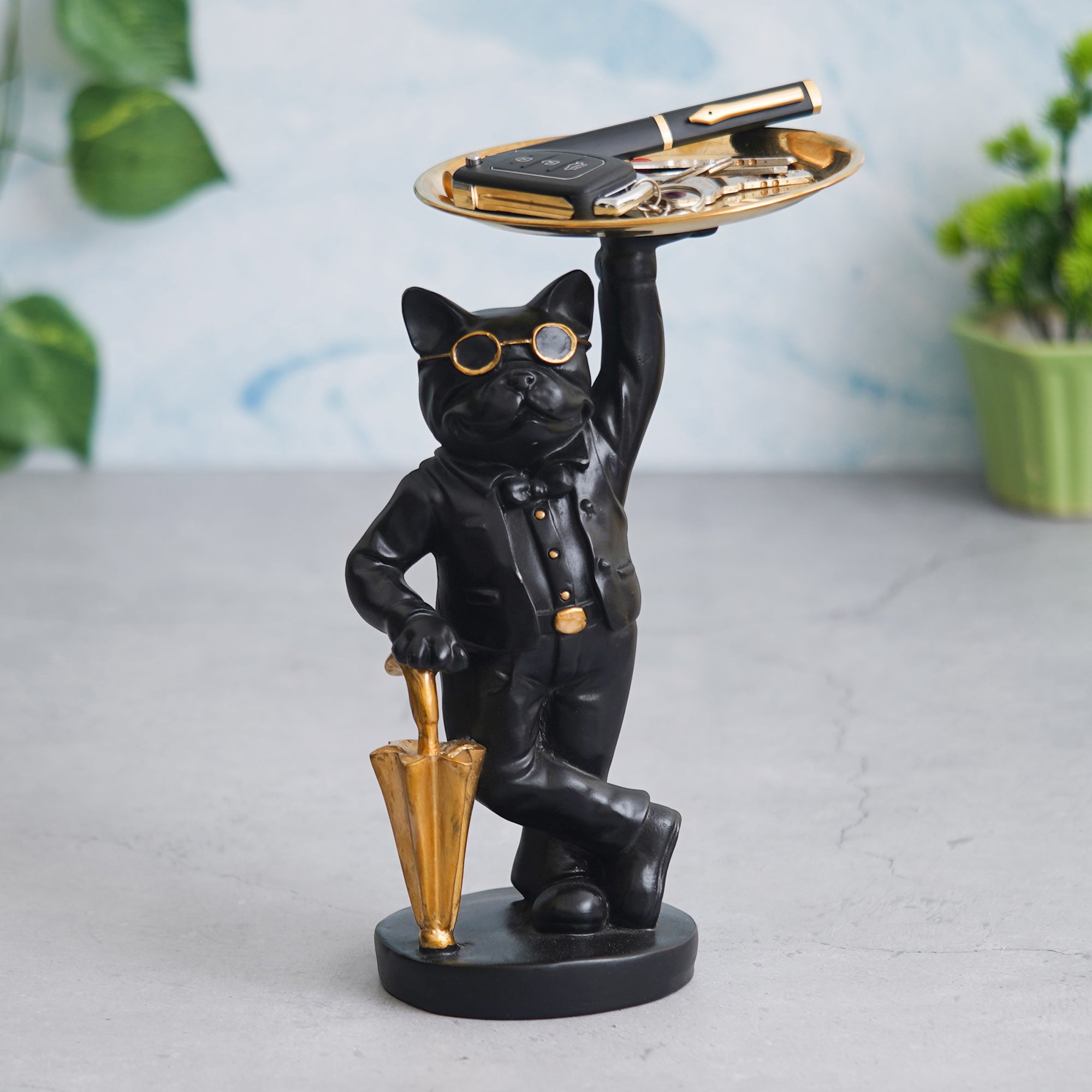 eCraftIndia Golden Black Cat Statue in Formal Dress and Sunglasses with Umbrella Animal Showpiece 5