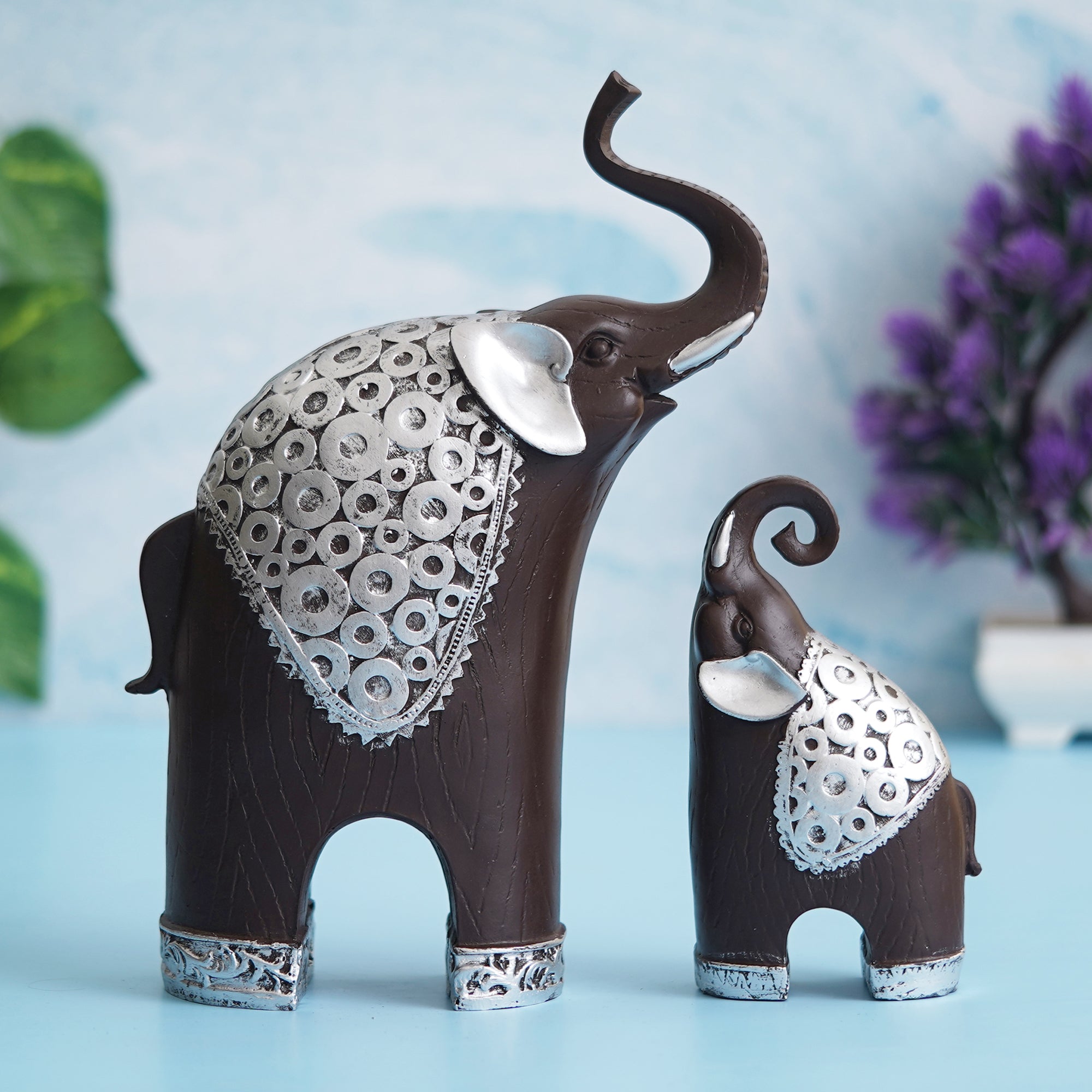 eCraftIndia Set Of 2 Black Silver Polyresin Trunk Up Elephant Statues Animal Figurines Showpieces