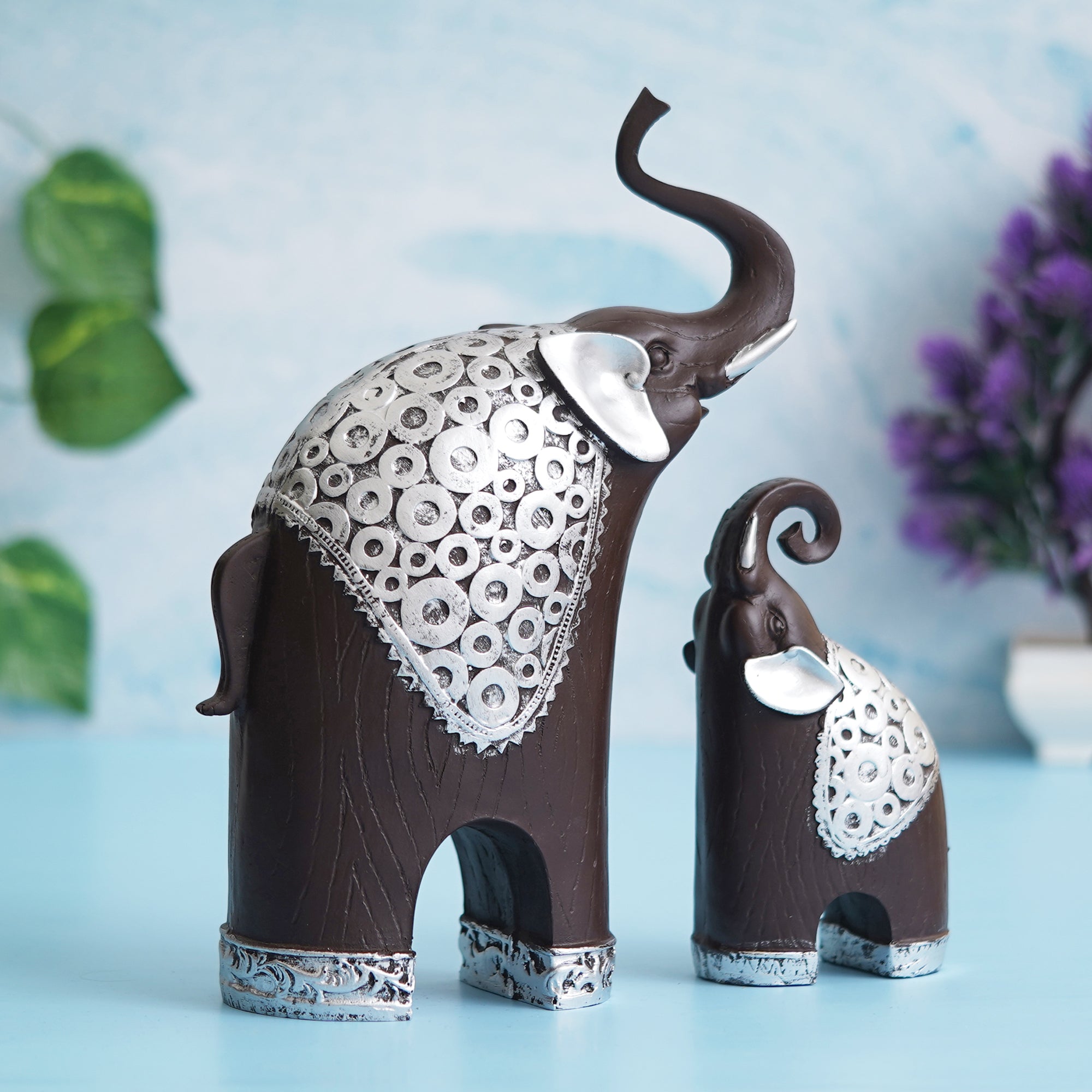 eCraftIndia Set Of 2 Black Silver Polyresin Trunk Up Elephant Statues Animal Figurines Showpieces 1