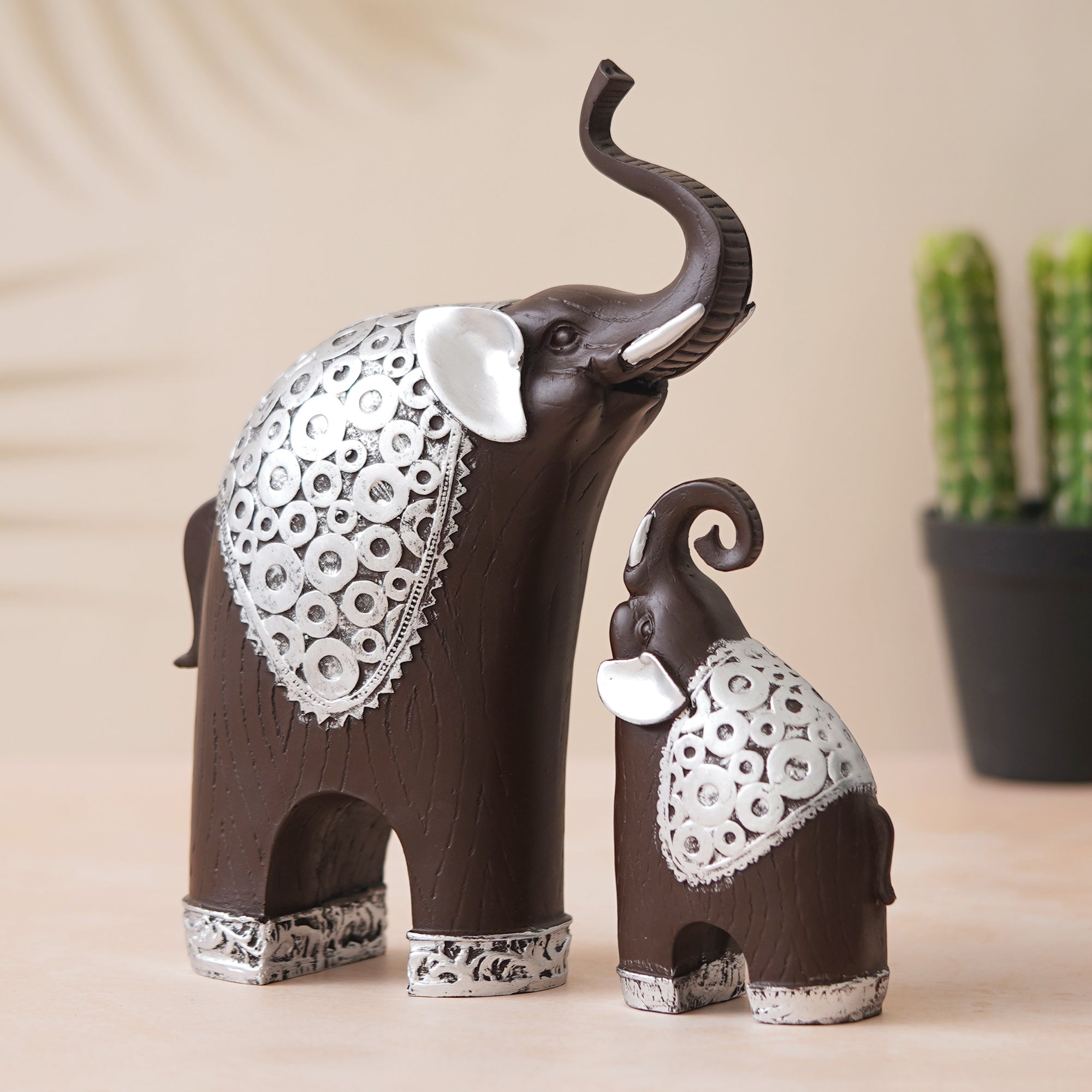 eCraftIndia Set Of 2 Black Silver Polyresin Trunk Up Elephant Statues Animal Figurines Showpieces 4