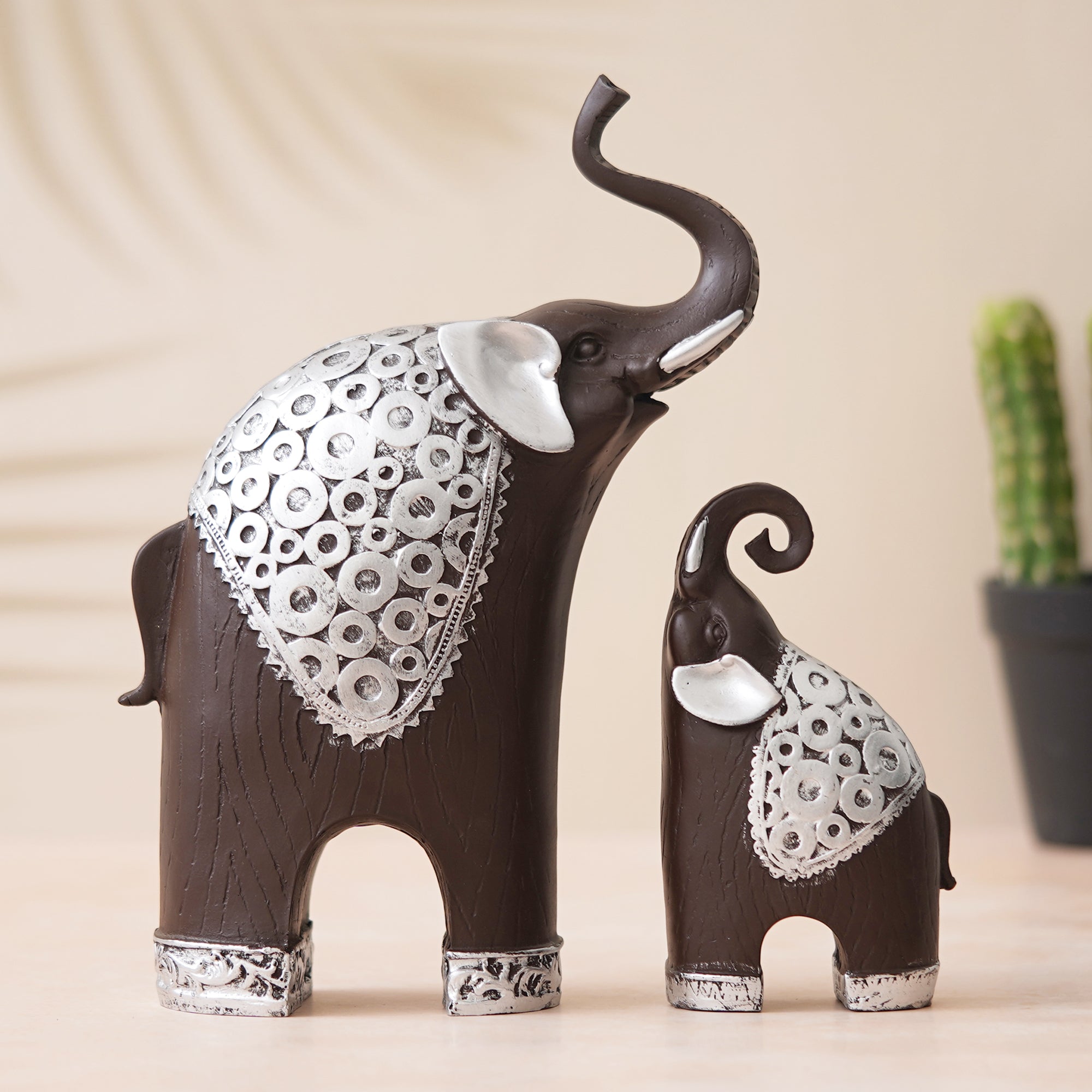 eCraftIndia Set Of 2 Black Silver Polyresin Trunk Up Elephant Statues Animal Figurines Showpieces 5