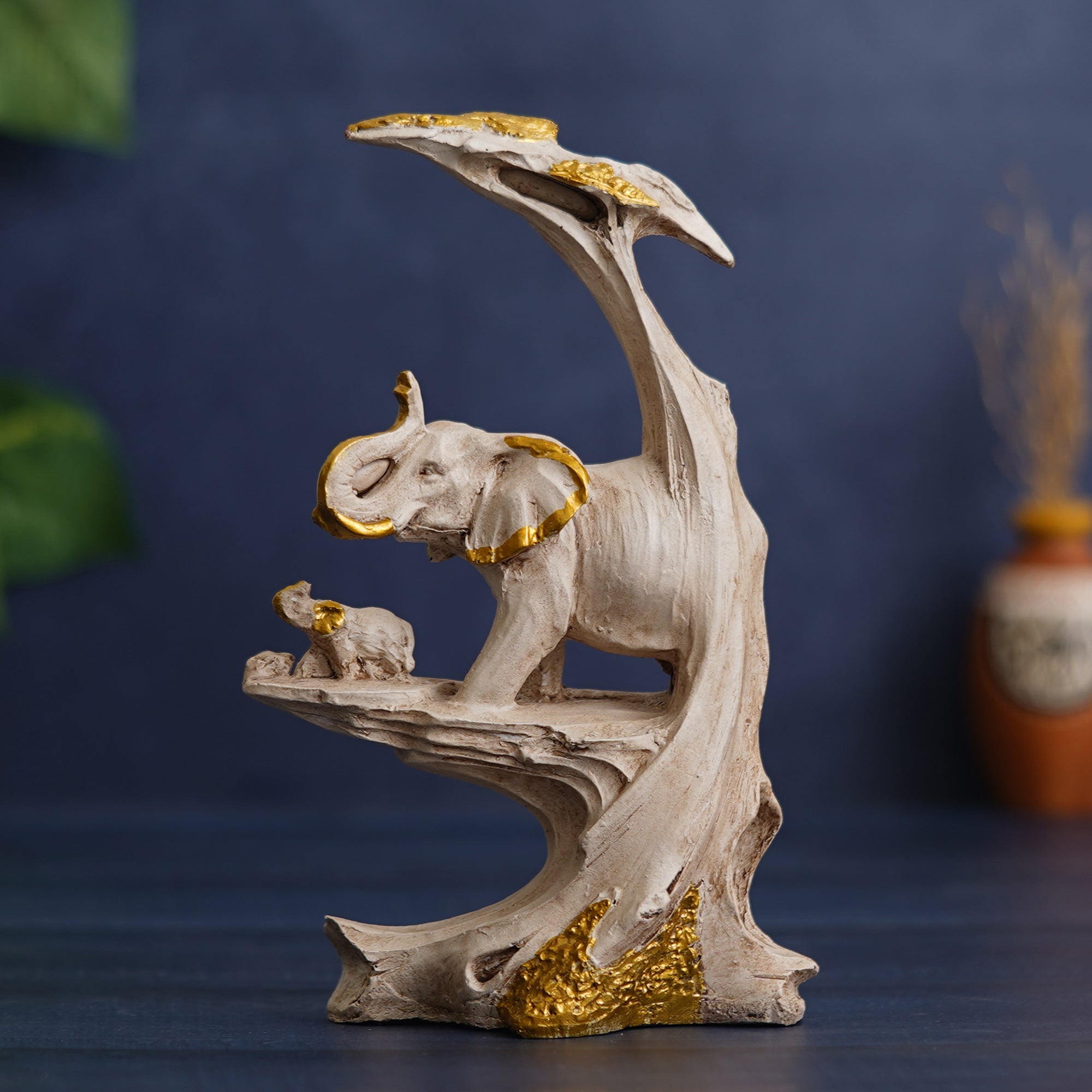 eCraftIndia Polyresin Rock Sceneric Set of 2 Elephant Statues Animal Figurines Decorative Showpiece