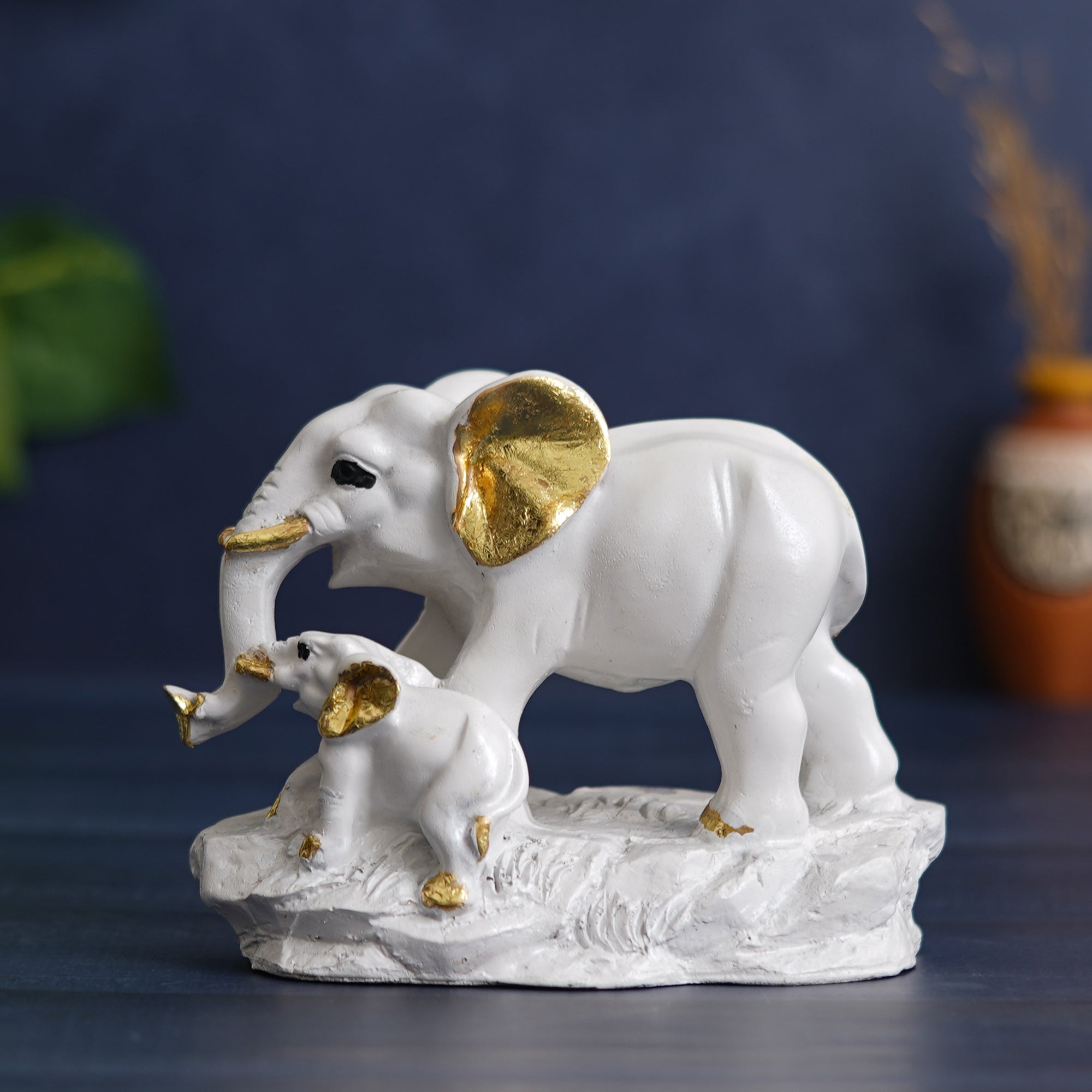 eCraftIndia White and Golden Cute Elephant with Baby Elephant Statues Animal Figurines Decorative Showpieces for Home Decor