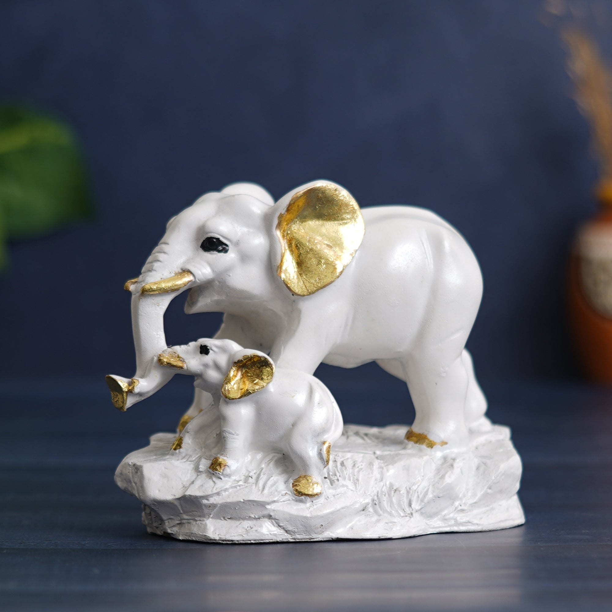 eCraftIndia White and Golden Cute Elephant with Baby Elephant Statues Animal Figurines Decorative Showpieces for Home Decor 1
