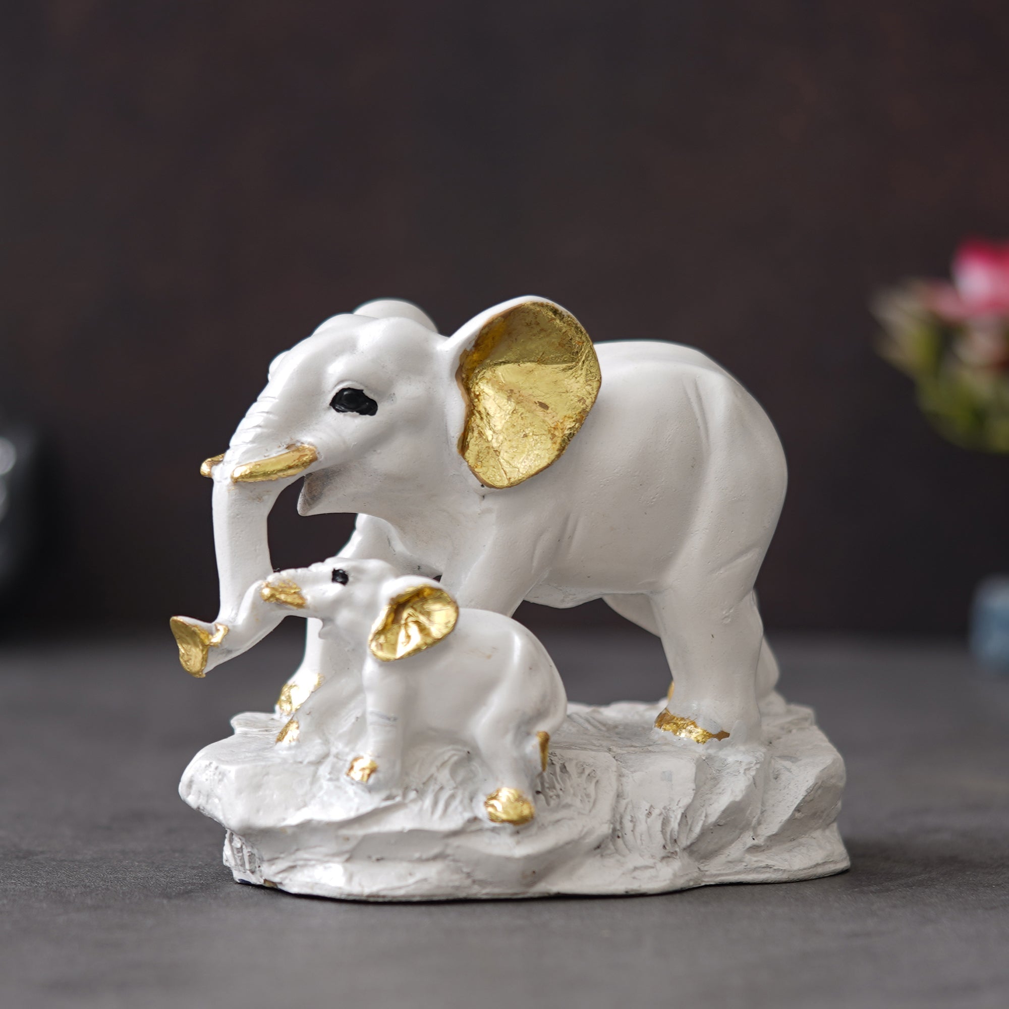 eCraftIndia White and Golden Cute Elephant with Baby Elephant Statues Animal Figurines Decorative Showpieces for Home Decor 4