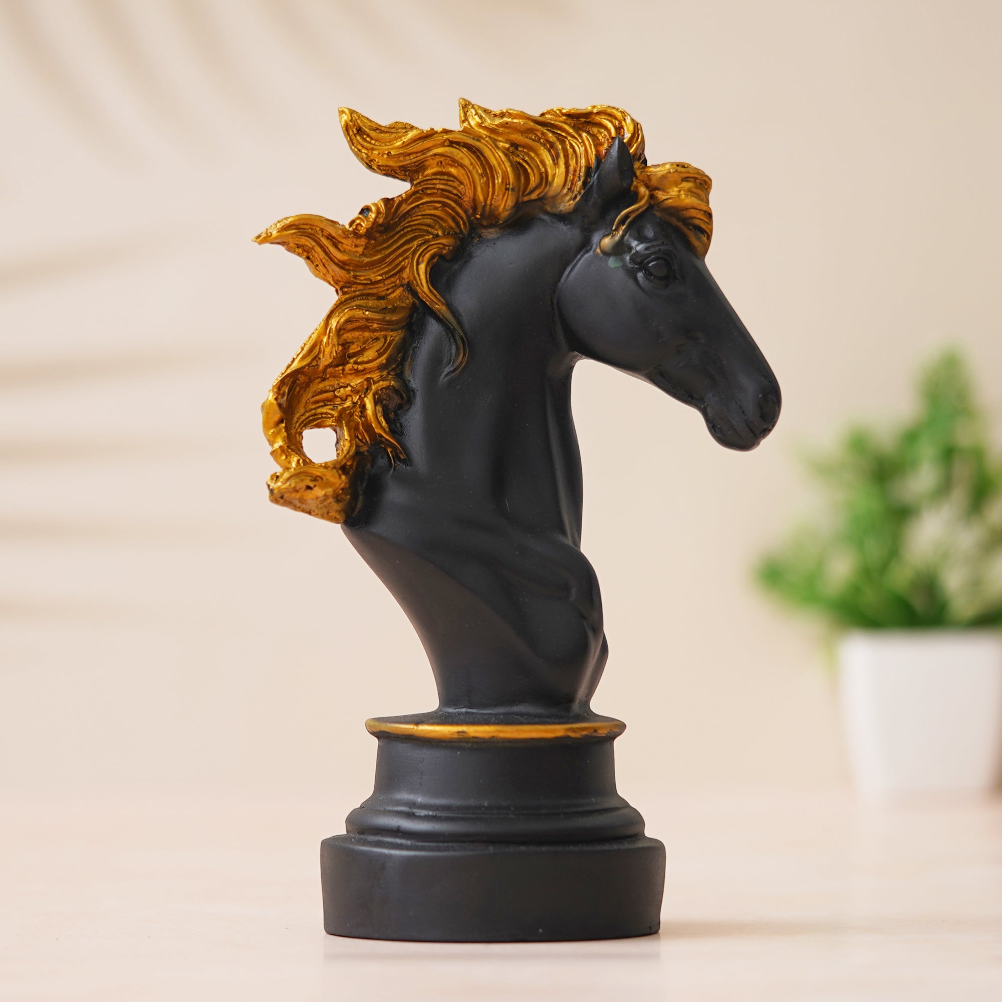 eCraftIndia Polyresin Black & Golden Horse Head Statue Animal Figurine Decorative Showpiece