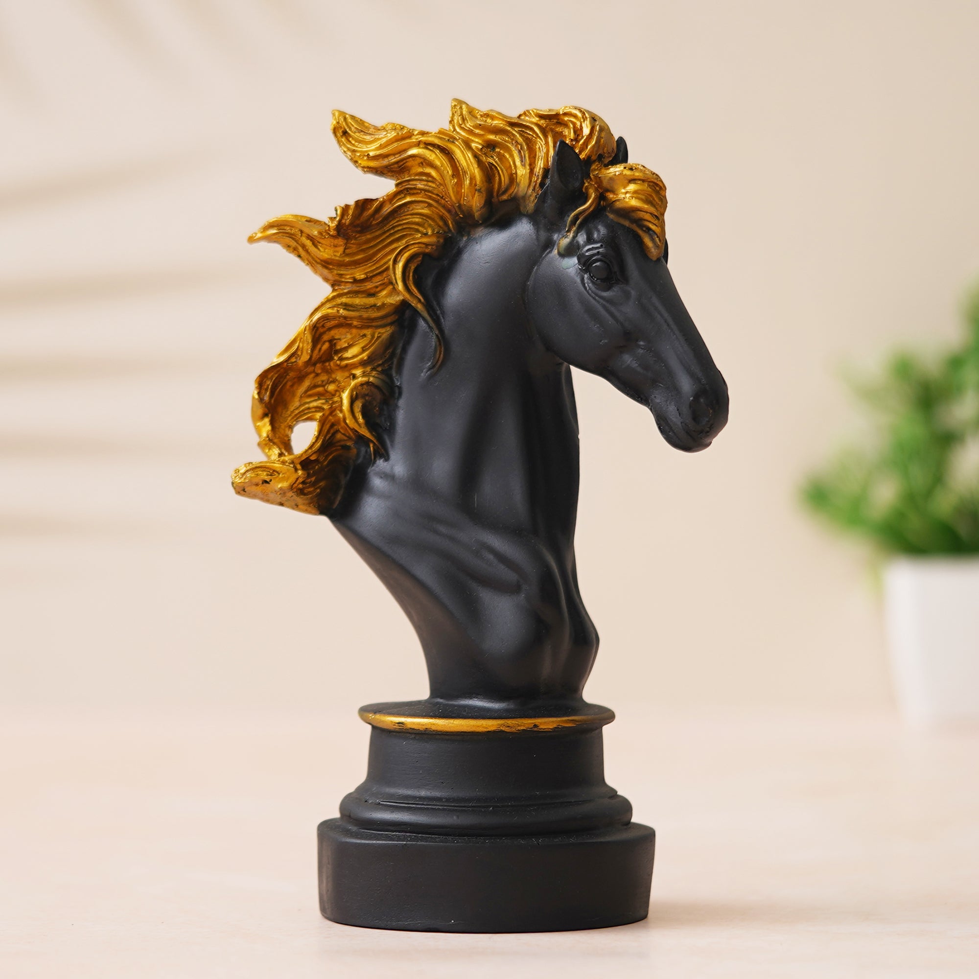 eCraftIndia Polyresin Black & Golden Horse Head Statue Animal Figurine Decorative Showpiece 1