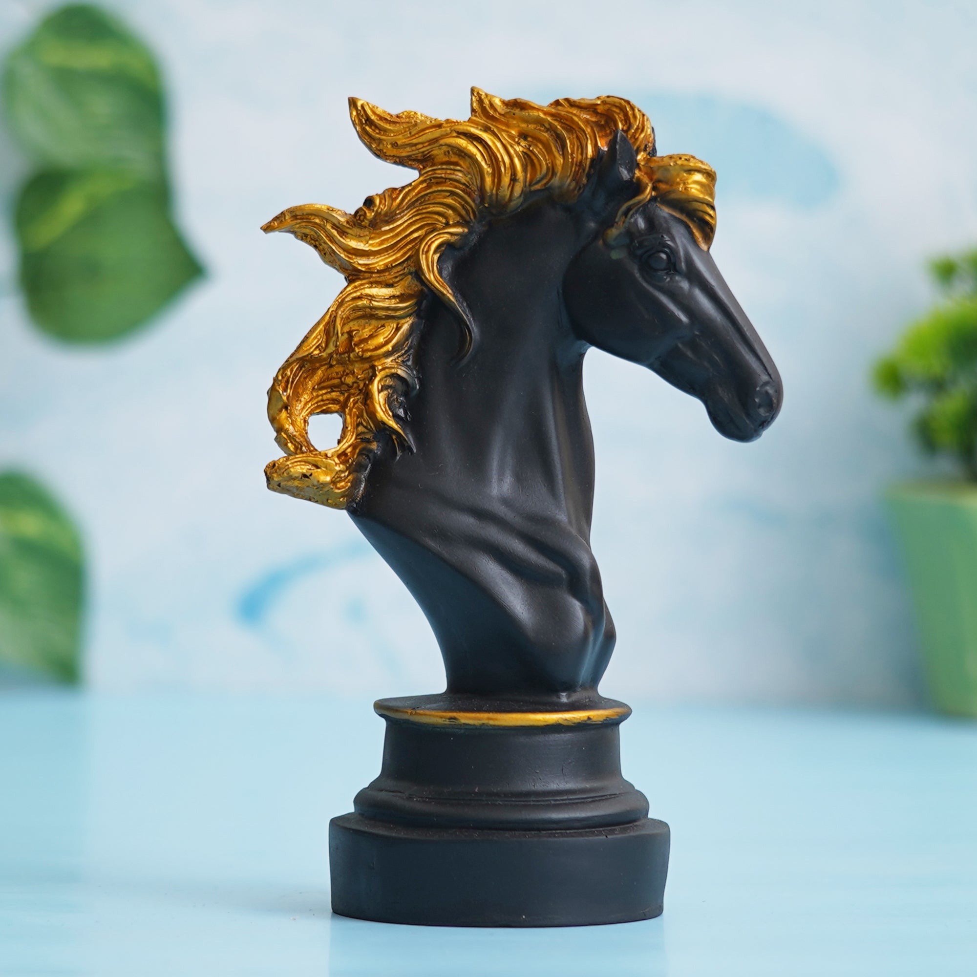 eCraftIndia Polyresin Black & Golden Horse Head Statue Animal Figurine Decorative Showpiece 4