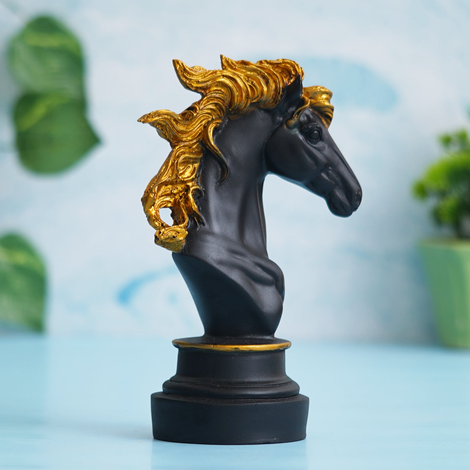 eCraftIndia Polyresin Black & Golden Horse Head Statue Animal Figurine Decorative Showpiece 5