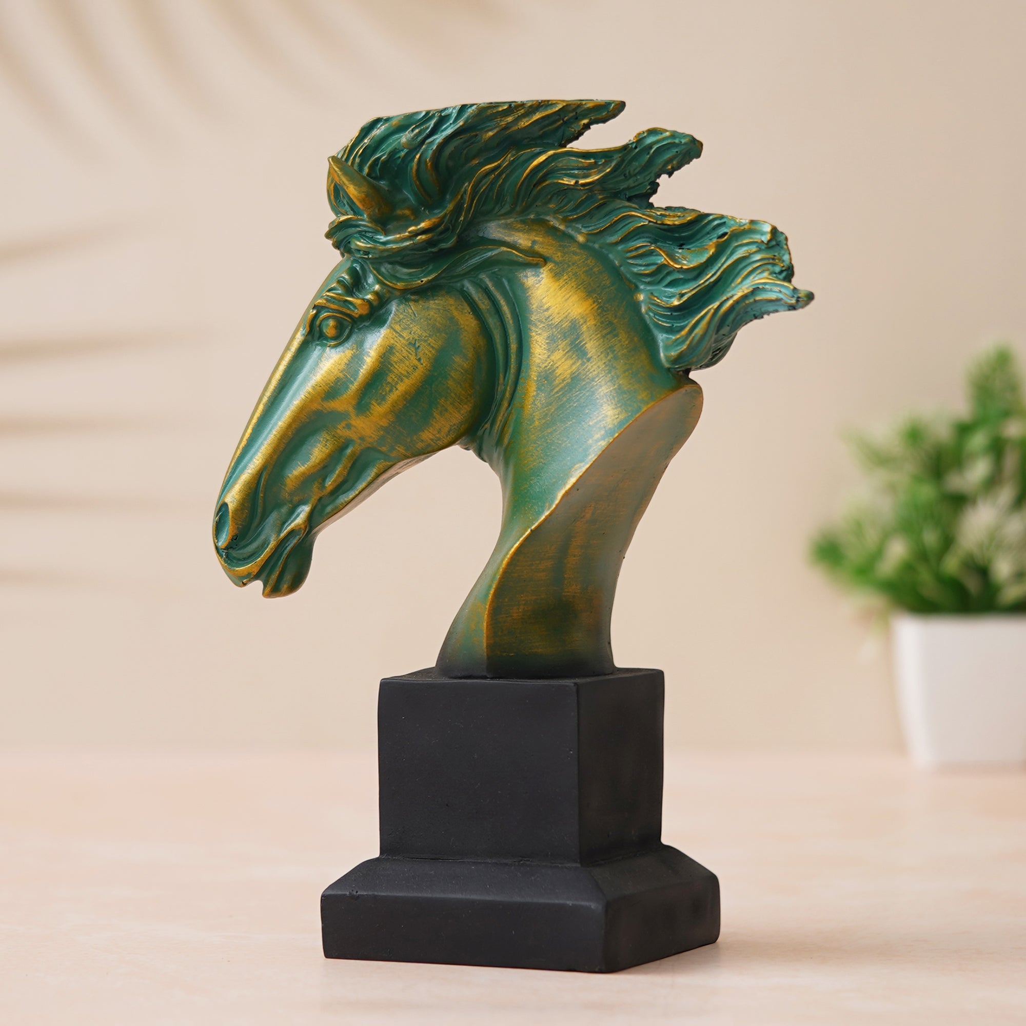 eCraftIndia Polyresin Green & Golden Horse Head Statue Animal Figurine Decorative Showpiece