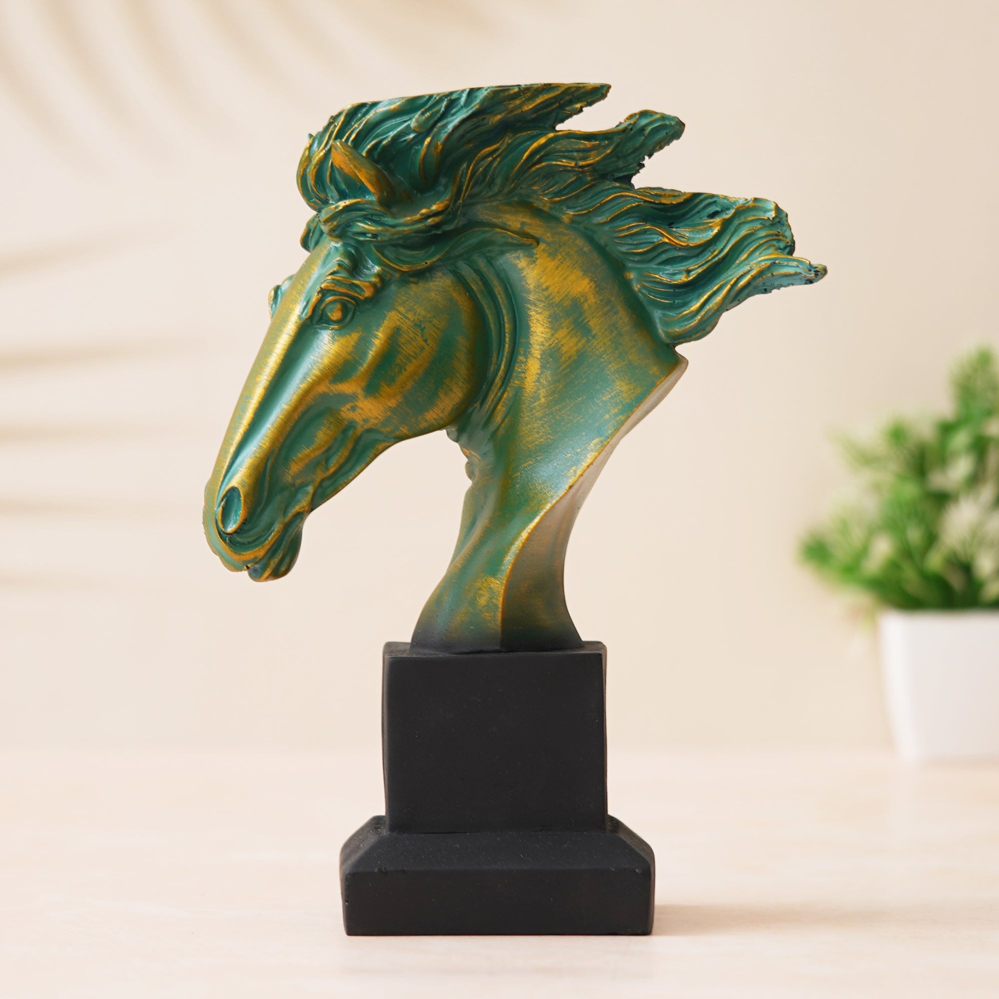 eCraftIndia Polyresin Green & Golden Horse Head Statue Animal Figurine Decorative Showpiece 1