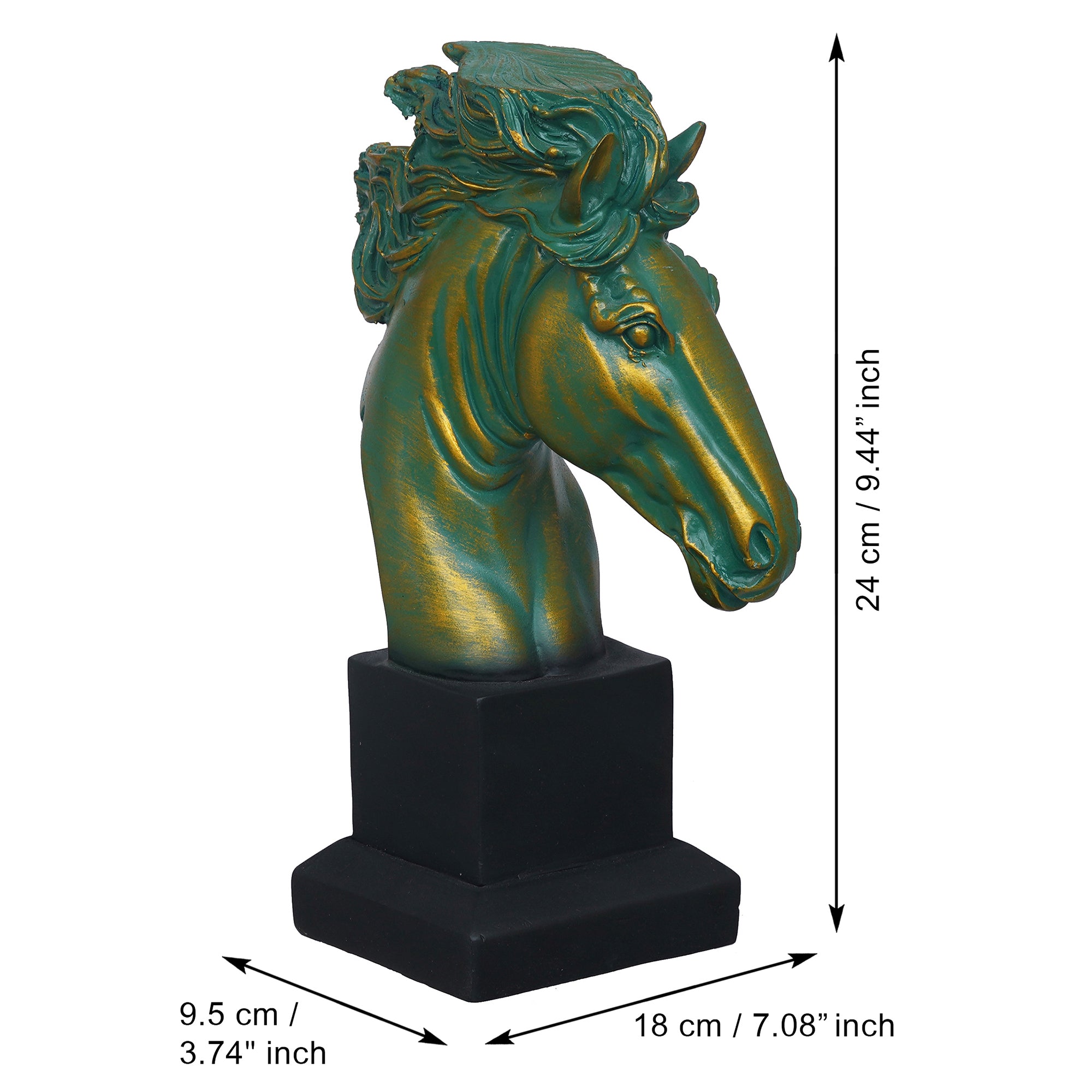 eCraftIndia Polyresin Green & Golden Horse Head Statue Animal Figurine Decorative Showpiece 3