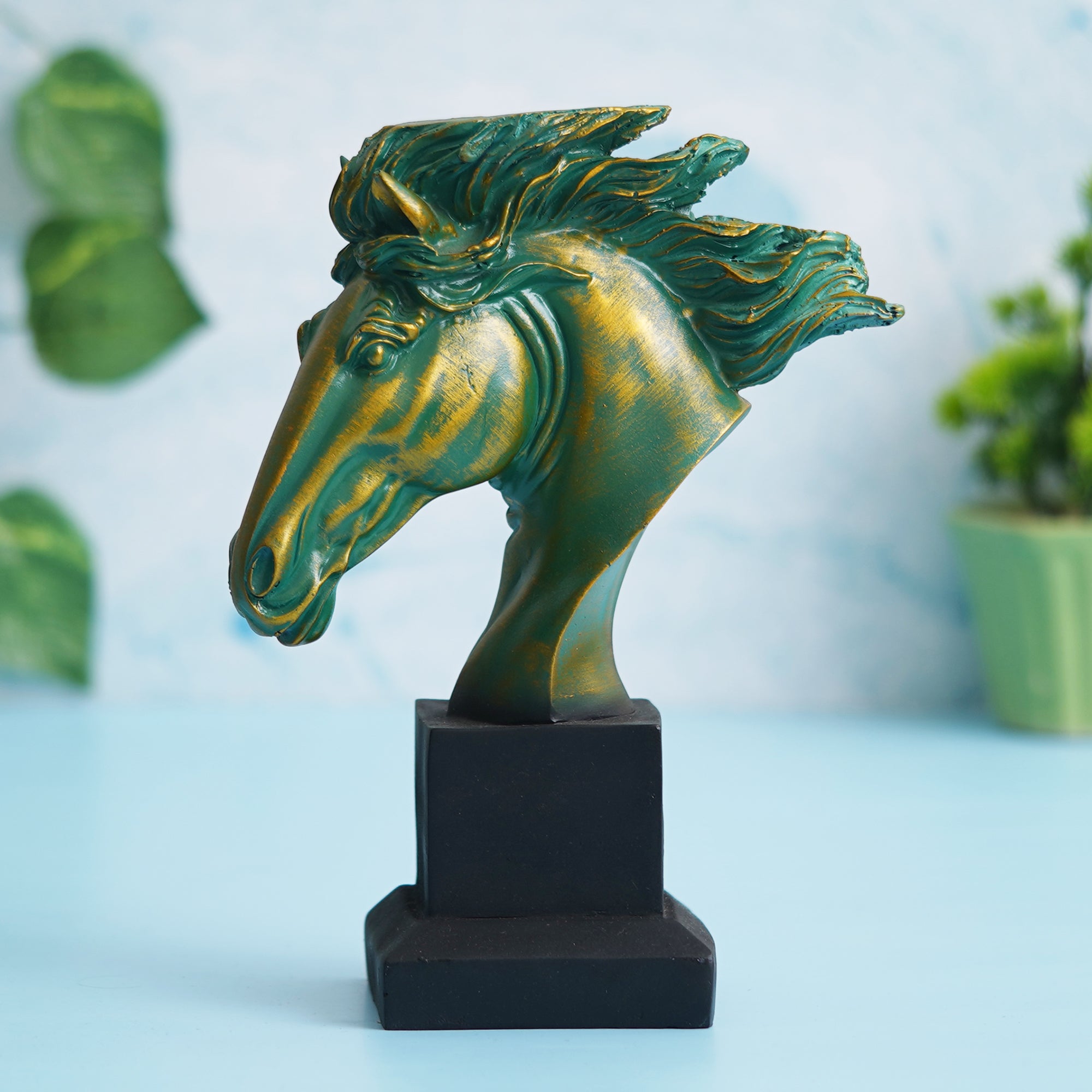 eCraftIndia Polyresin Green & Golden Horse Head Statue Animal Figurine Decorative Showpiece 4