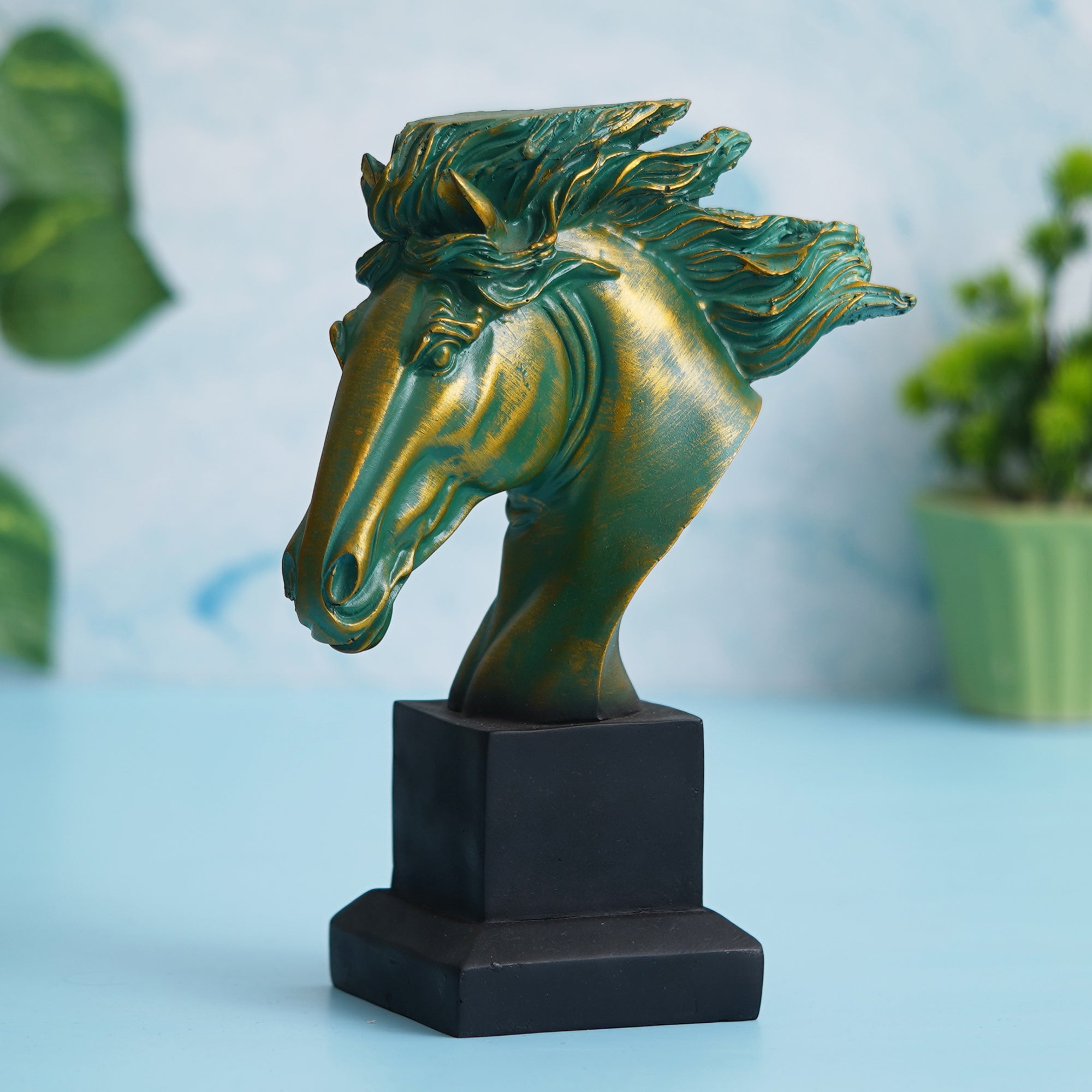 eCraftIndia Polyresin Green & Golden Horse Head Statue Animal Figurine Decorative Showpiece 5
