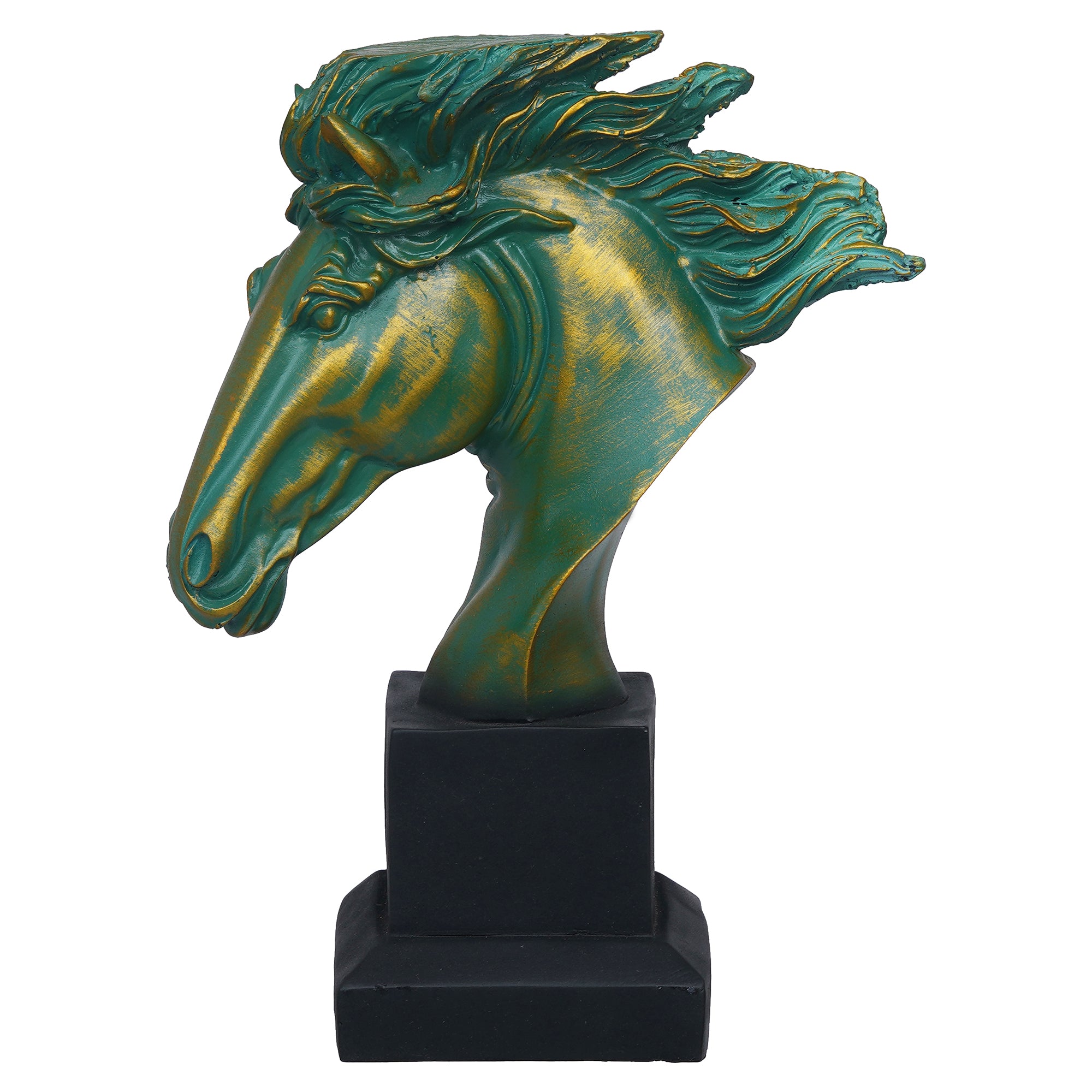 eCraftIndia Polyresin Green & Golden Horse Head Statue Animal Figurine Decorative Showpiece 7