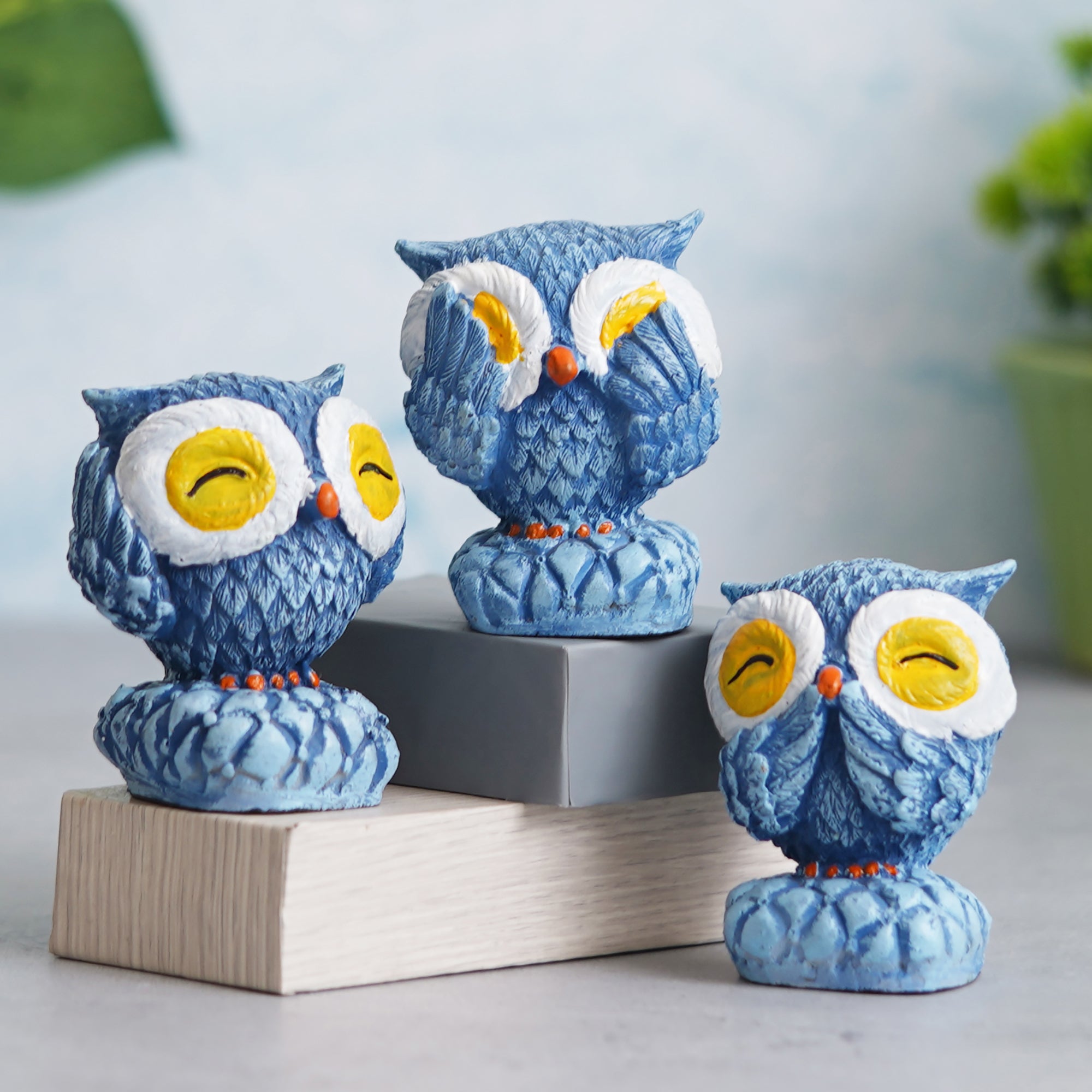 eCraftIndia Set of 3 Blue Polyresin Cute Owl Statues Bird Figurines Decorative Showpieces