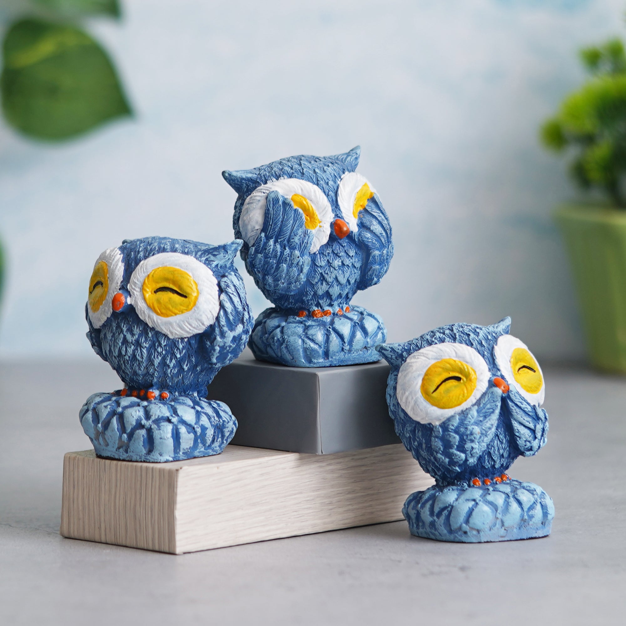 eCraftIndia Set of 3 Blue Polyresin Cute Owl Statues Bird Figurines Decorative Showpieces 1