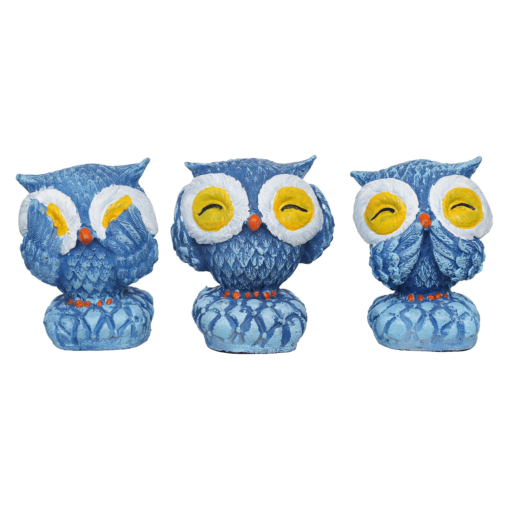eCraftIndia Set of 3 Blue Polyresin Cute Owl Statues Bird Figurines Decorative Showpieces 2