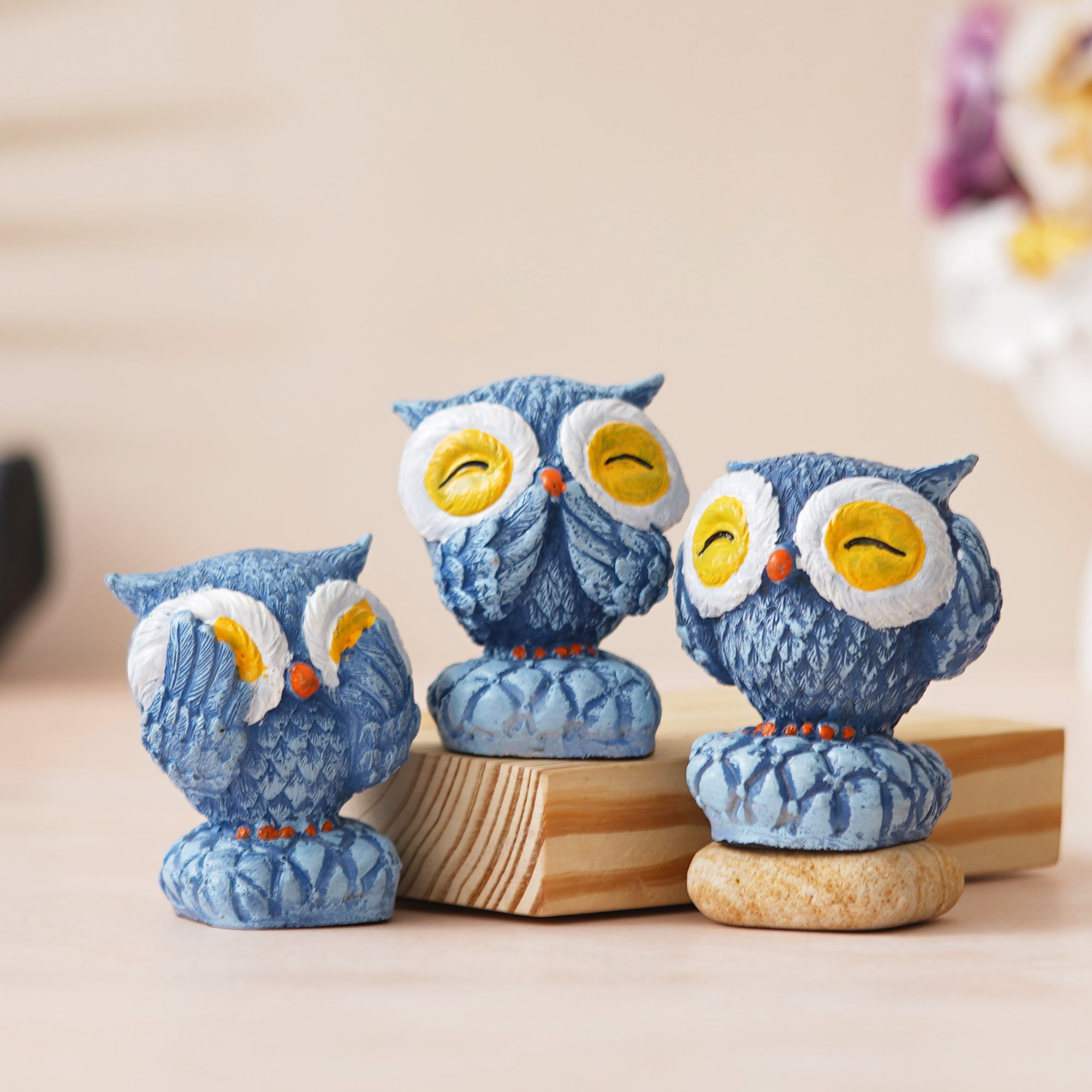 eCraftIndia Set of 3 Blue Polyresin Cute Owl Statues Bird Figurines Decorative Showpieces 4