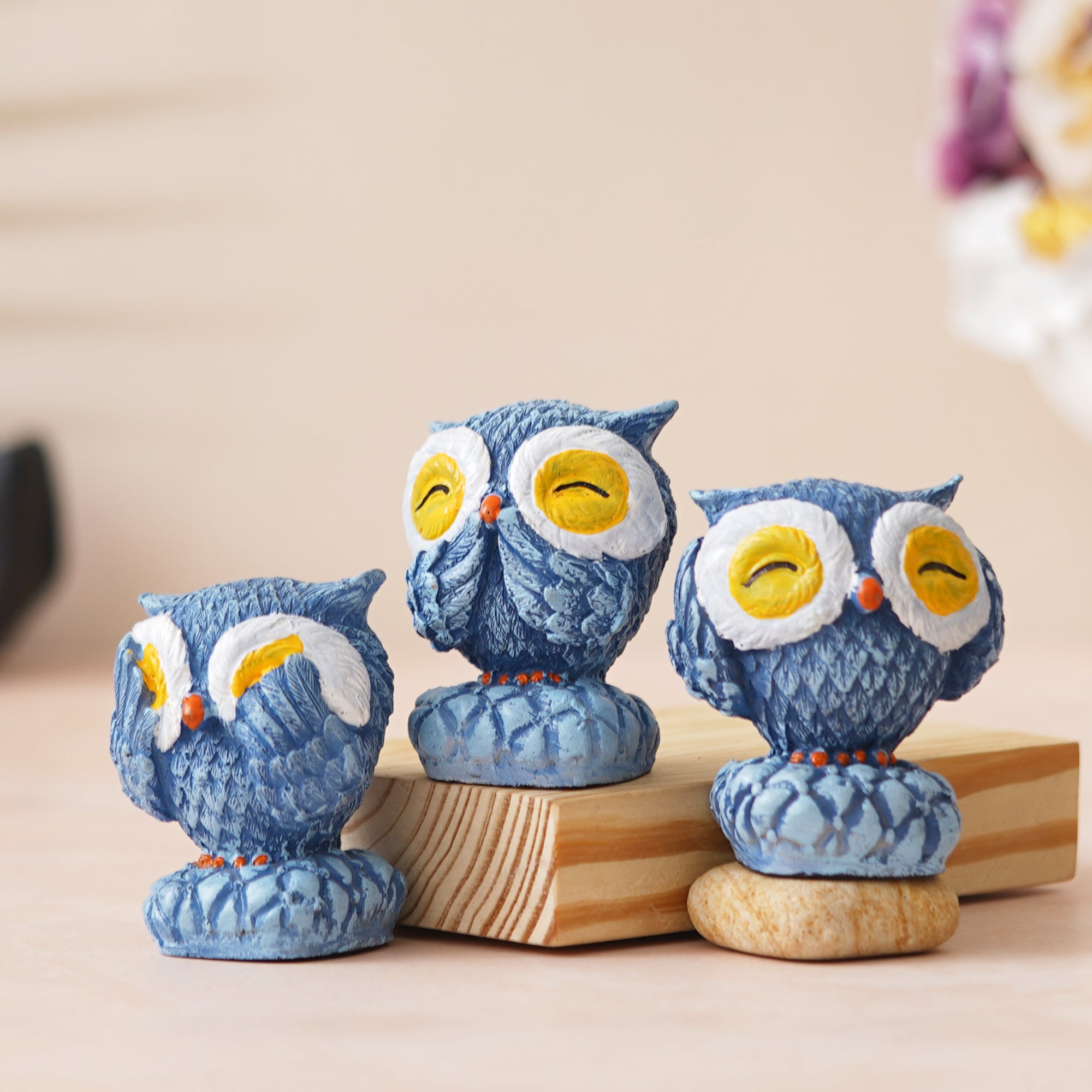 eCraftIndia Set of 3 Blue Polyresin Cute Owl Statues Bird Figurines Decorative Showpieces 5