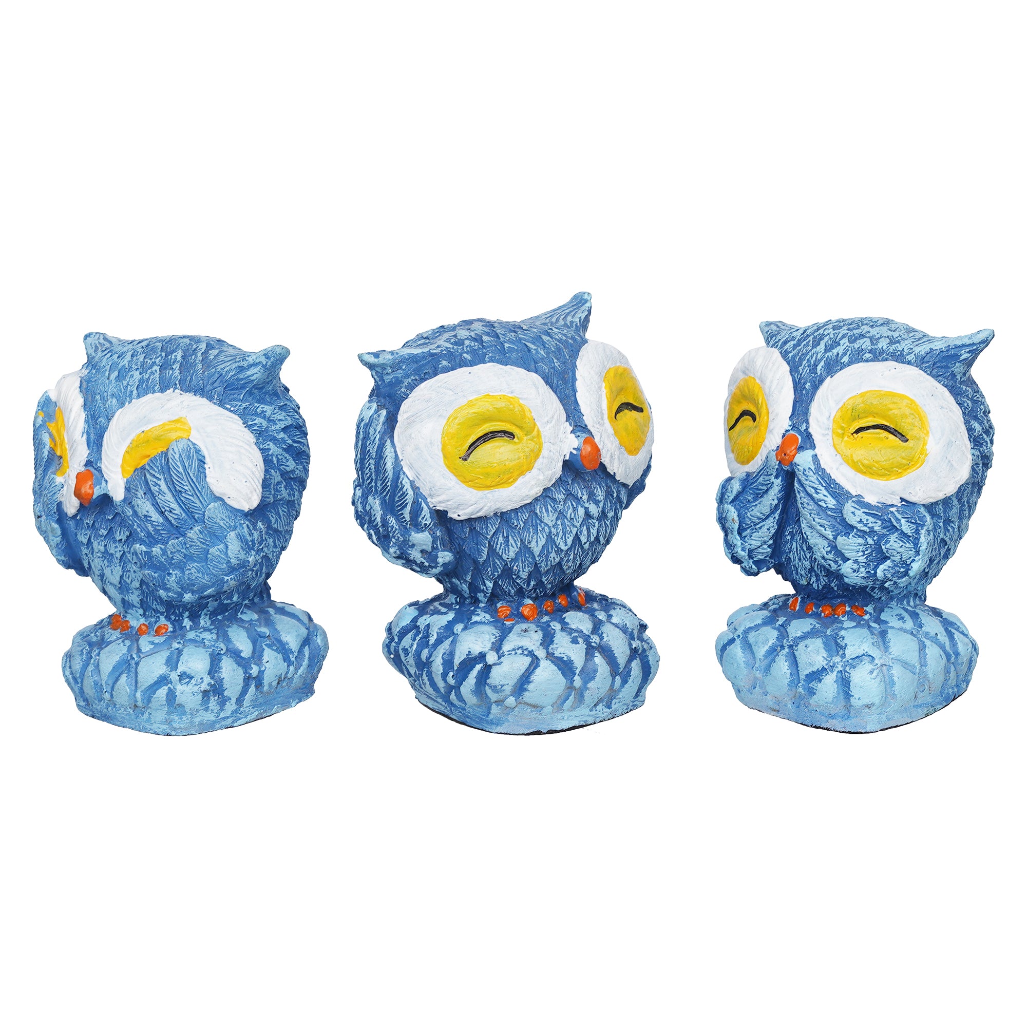 eCraftIndia Set of 3 Blue Polyresin Cute Owl Statues Bird Figurines Decorative Showpieces 7