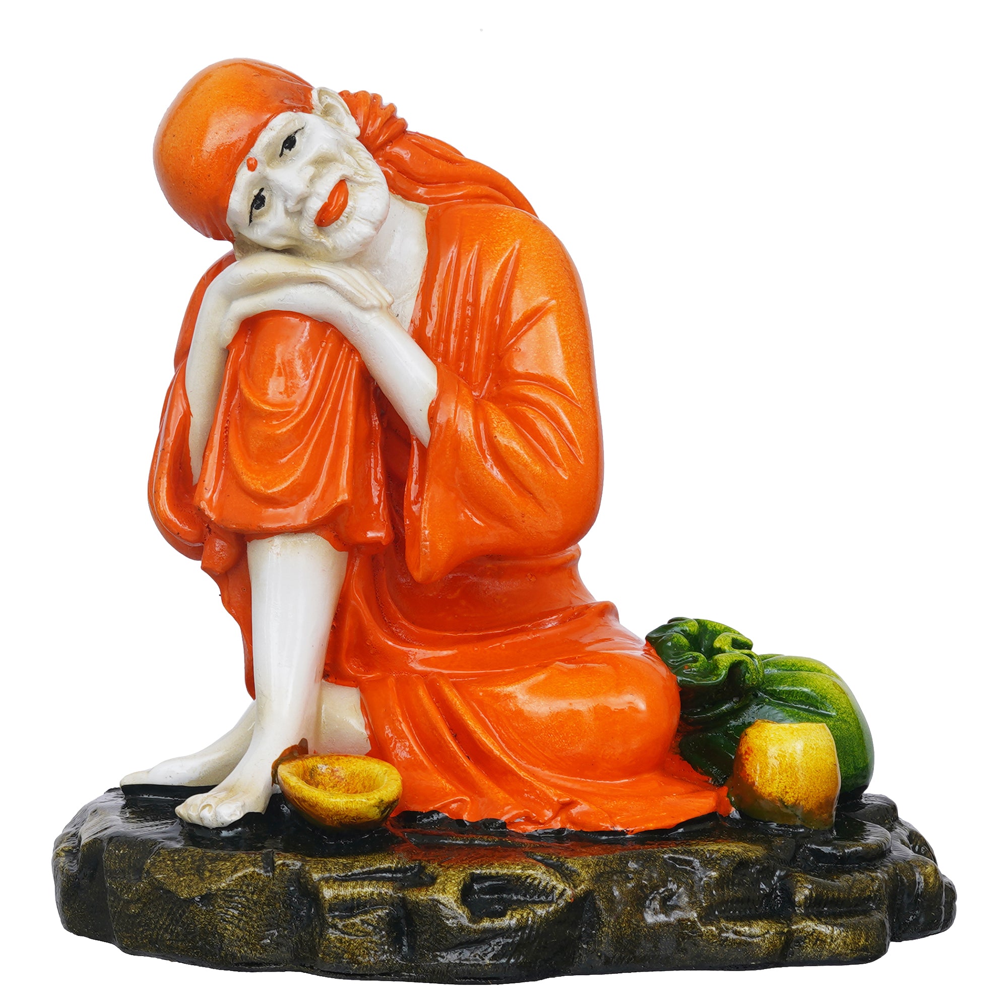 eCraftIndia Orange Polyresin Handcrafted Sai Baba Idol Resting on his Knee 2