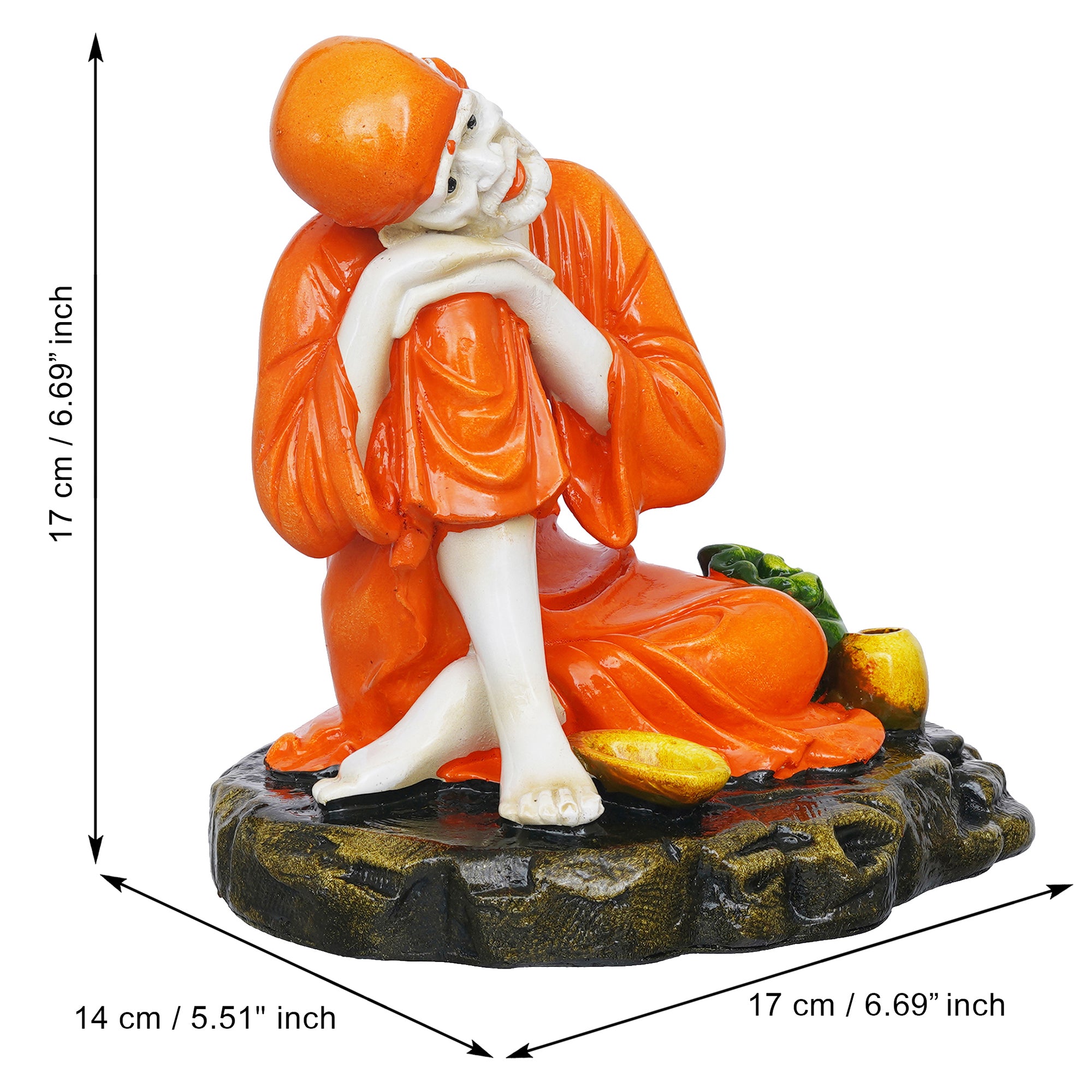 eCraftIndia Orange Polyresin Handcrafted Sai Baba Idol Resting on his Knee 3