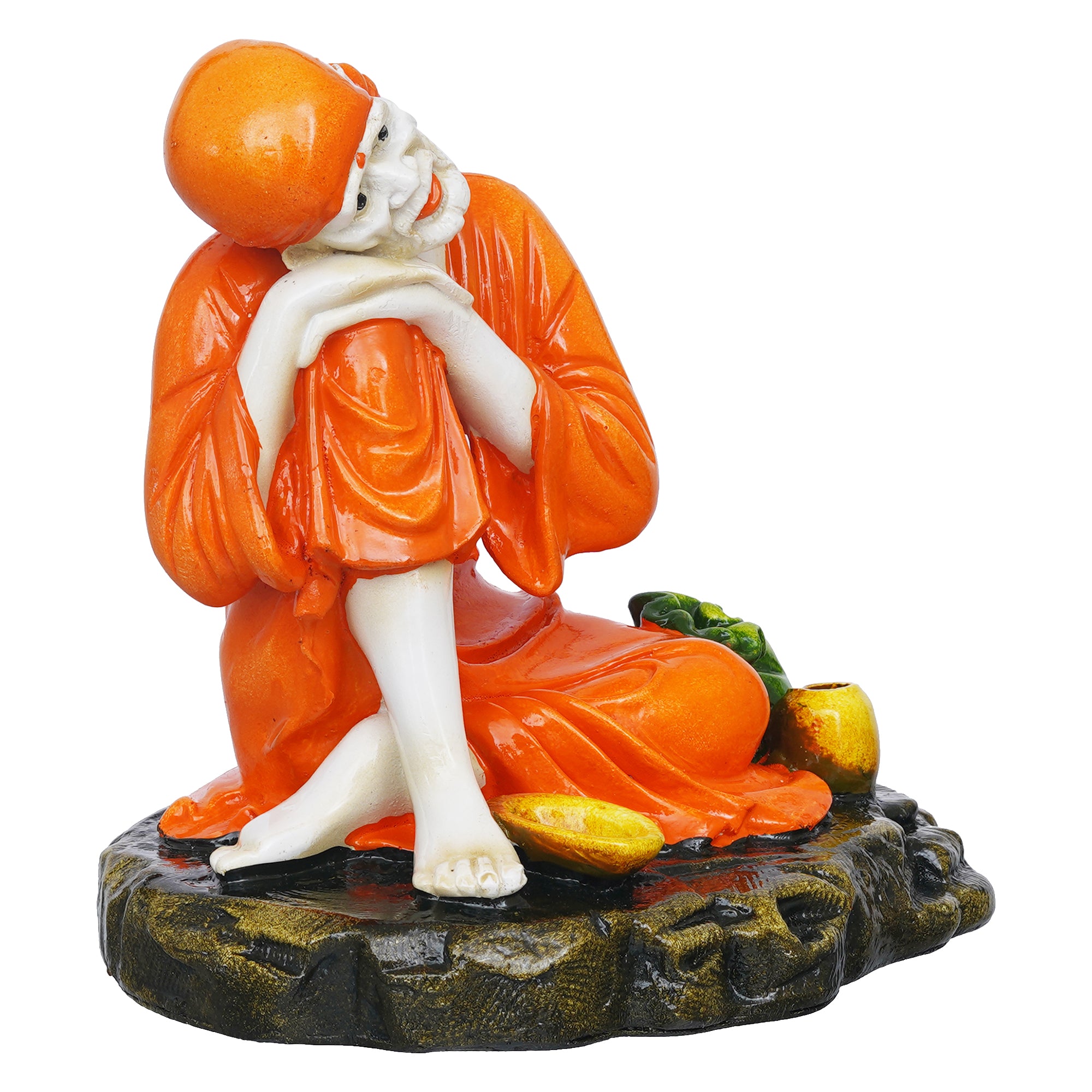 eCraftIndia Orange Polyresin Handcrafted Sai Baba Idol Resting on his Knee 6