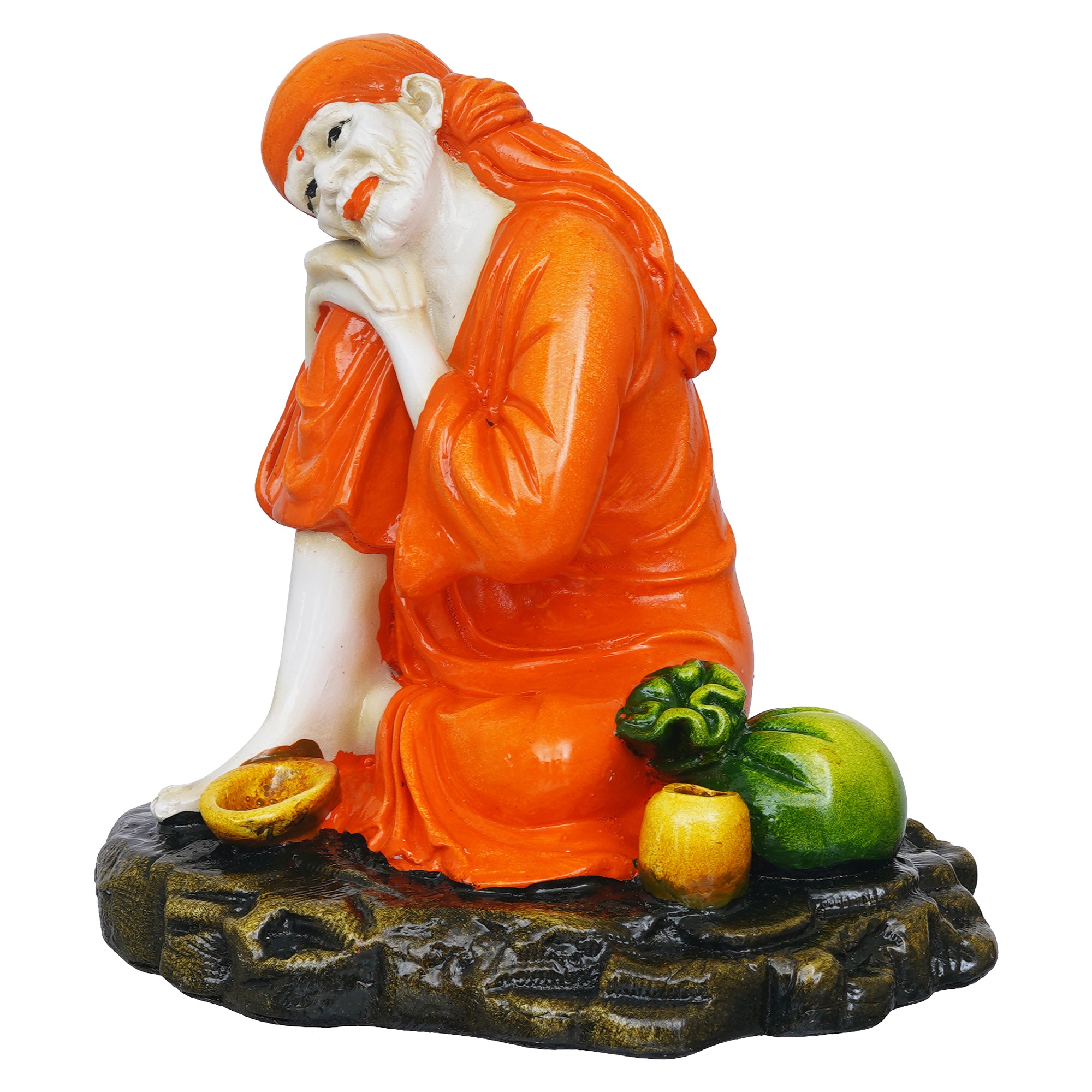eCraftIndia Orange Polyresin Handcrafted Sai Baba Idol Resting on his Knee 7