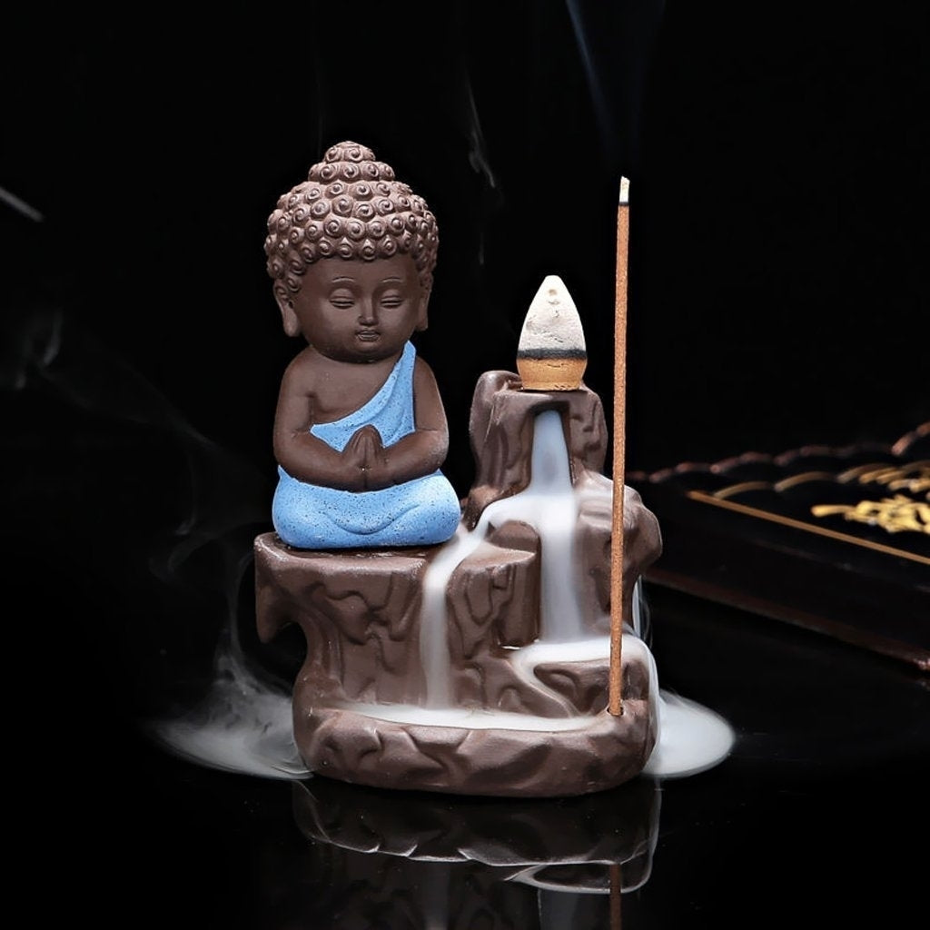 Meditating Monk Buddha Statue Smoke Backflow Cone Incense Holder Decorative Showpiece with 10 free Smoke Backflow Scented Cone Incenses(Blue and Brown)
