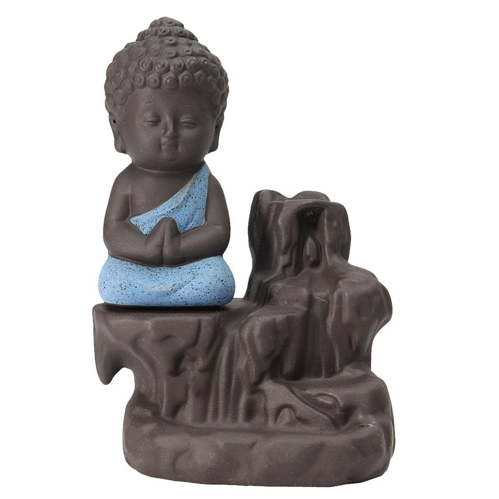 Meditating Monk Buddha Statue Smoke Backflow Cone Incense Holder Decorative Showpiece with 10 free Smoke Backflow Scented Cone Incenses(Blue and Brown) 1
