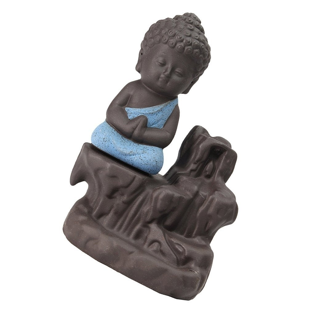 Meditating Monk Buddha Statue Smoke Backflow Cone Incense Holder Decorative Showpiece with 10 free Smoke Backflow Scented Cone Incenses(Blue and Brown) 2
