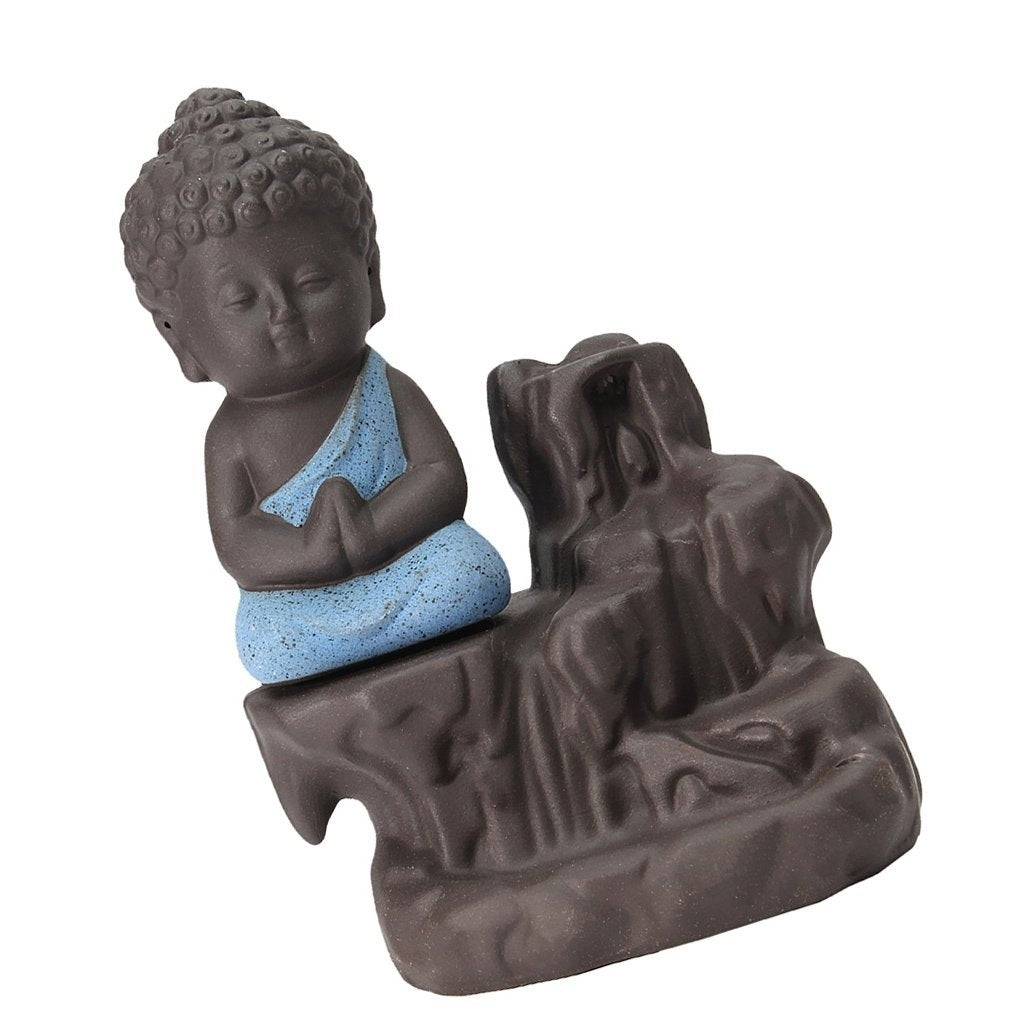 Meditating Monk Buddha Statue Smoke Backflow Cone Incense Holder Decorative Showpiece with 10 free Smoke Backflow Scented Cone Incenses(Blue and Brown) 3