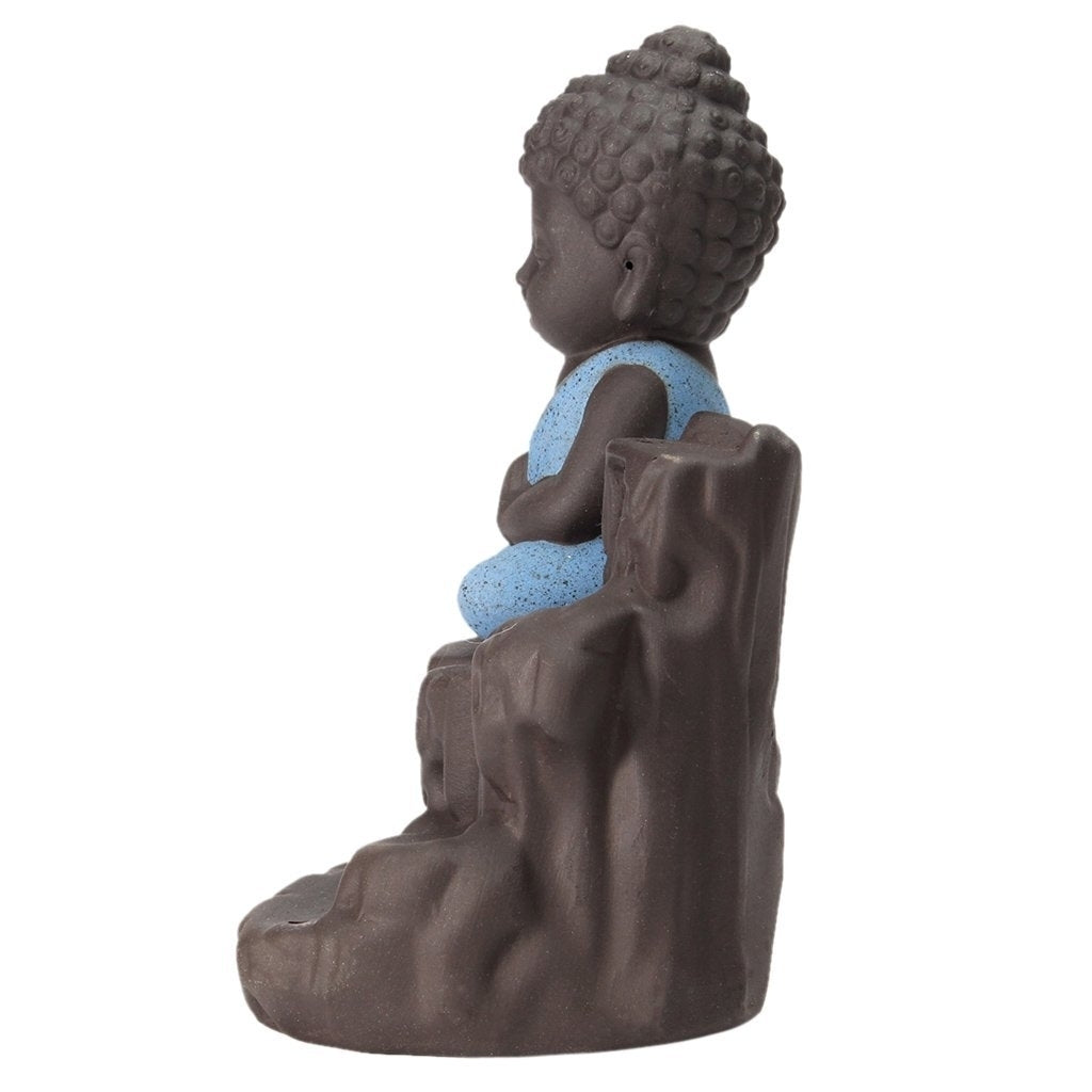 Meditating Monk Buddha Statue Smoke Backflow Cone Incense Holder Decorative Showpiece with 10 free Smoke Backflow Scented Cone Incenses(Blue and Brown) 4