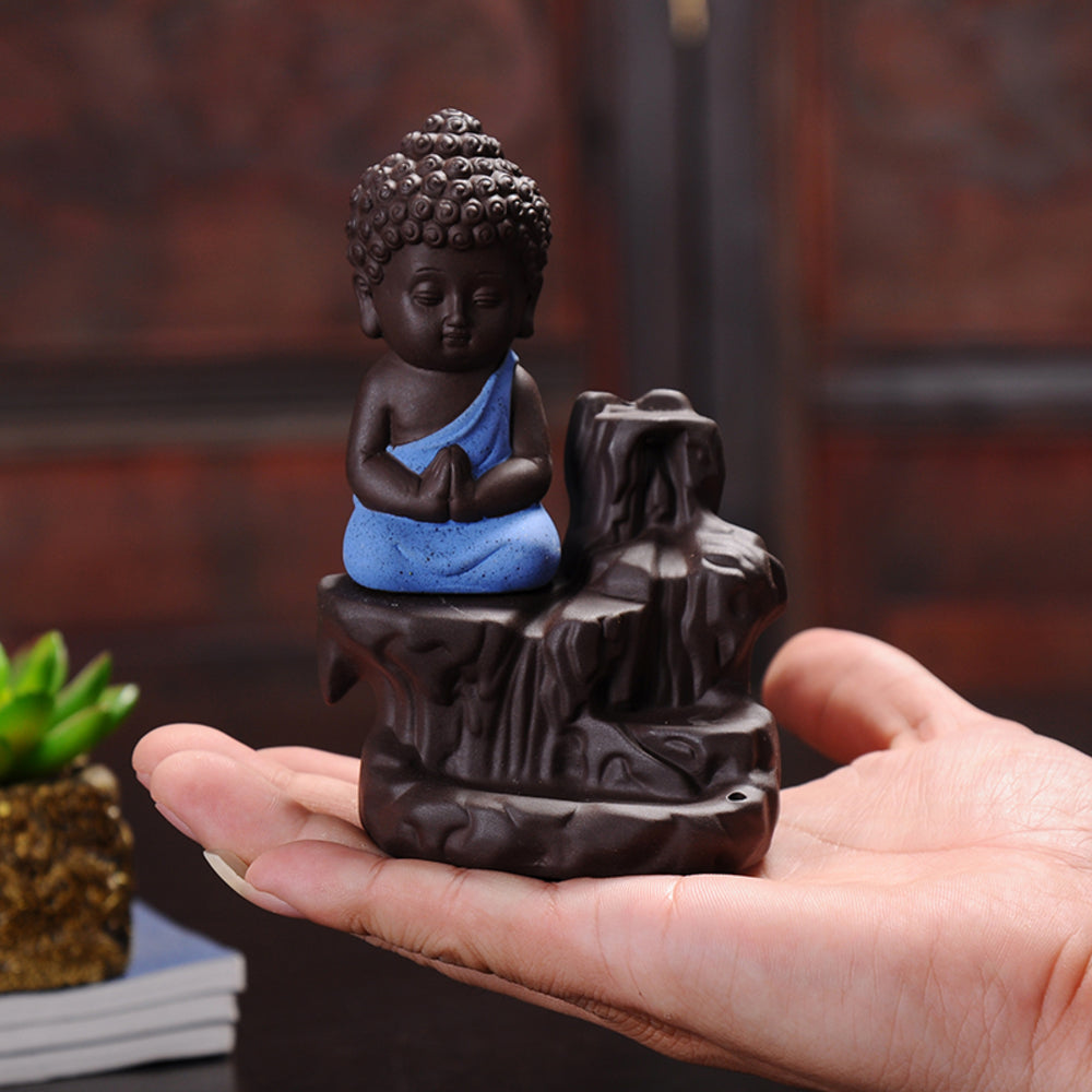 Meditating Monk Buddha Statue Smoke Backflow Cone Incense Holder Decorative Showpiece with 10 free Smoke Backflow Scented Cone Incenses(Blue and Brown) 5