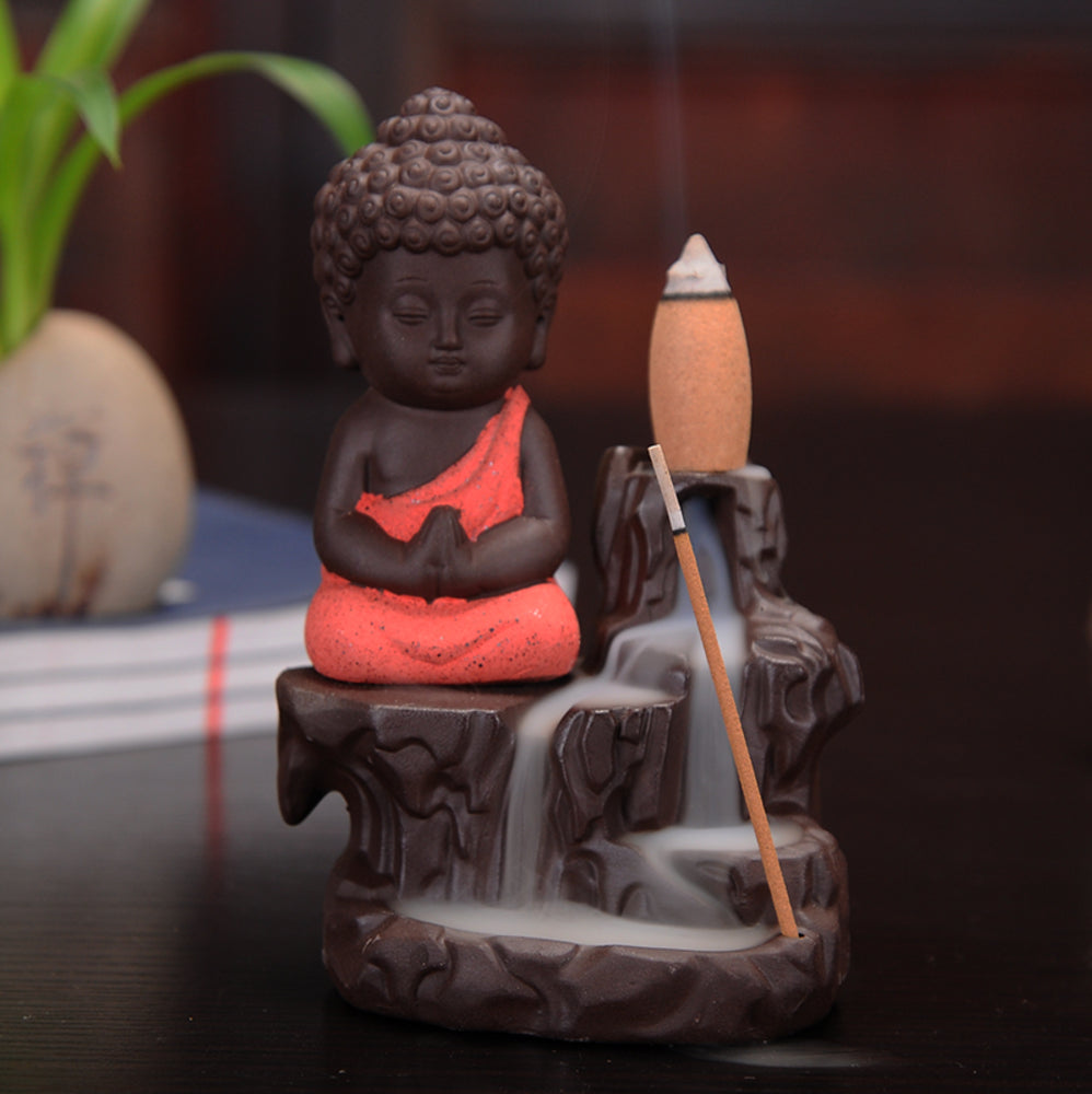 Meditating Monk Buddha Statue Smoke Backflow Cone Incense Holder Decorative Showpiece with 10 free Smoke Backflow Scented Cone Incenses(Orange and Brown) 1