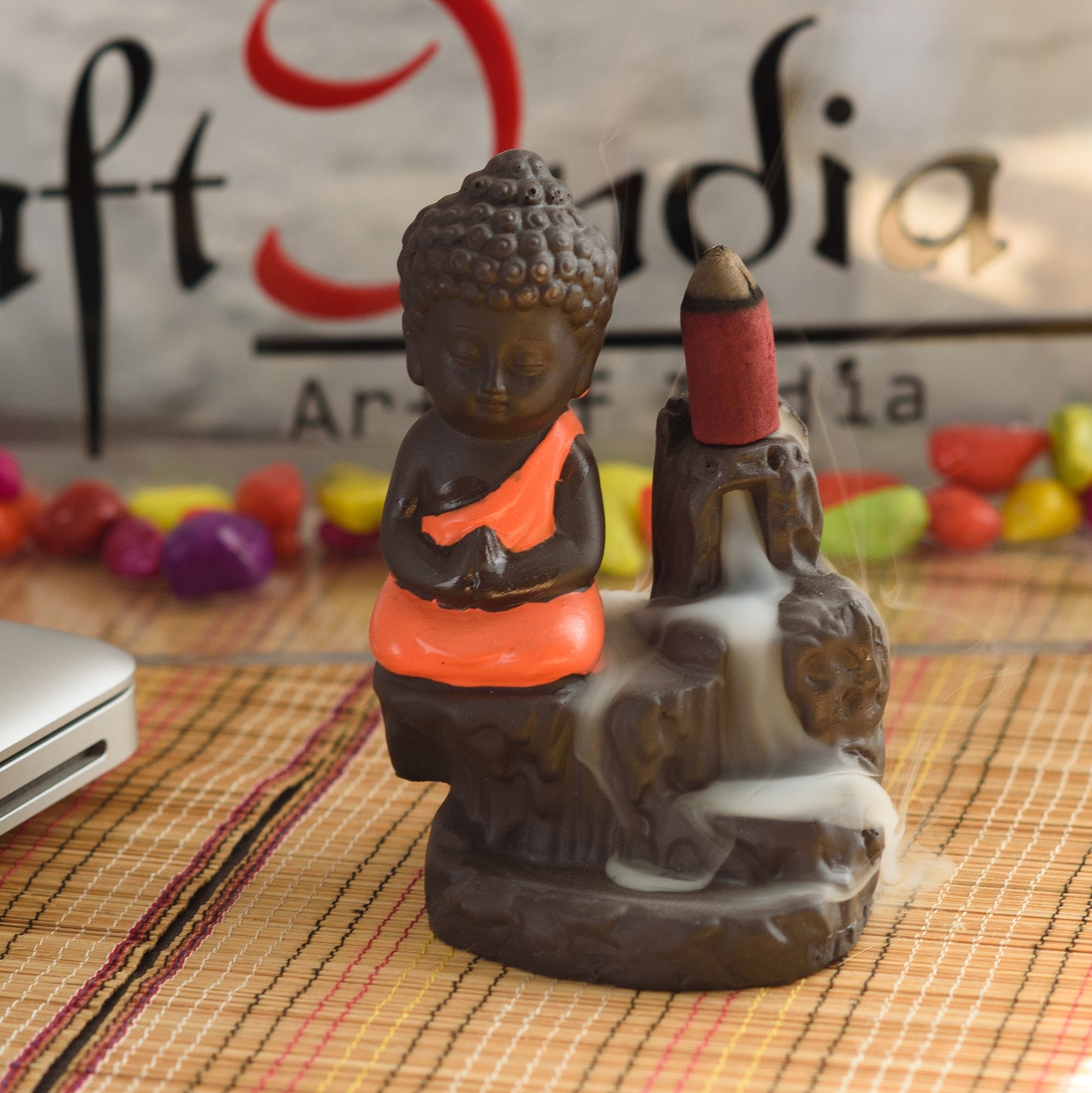 Meditating Monk Buddha Statue Smoke Backflow Cone Incense Holder Decorative Showpiece with 10 free Smoke Backflow Scented Cone Incenses(Orange and Brown)