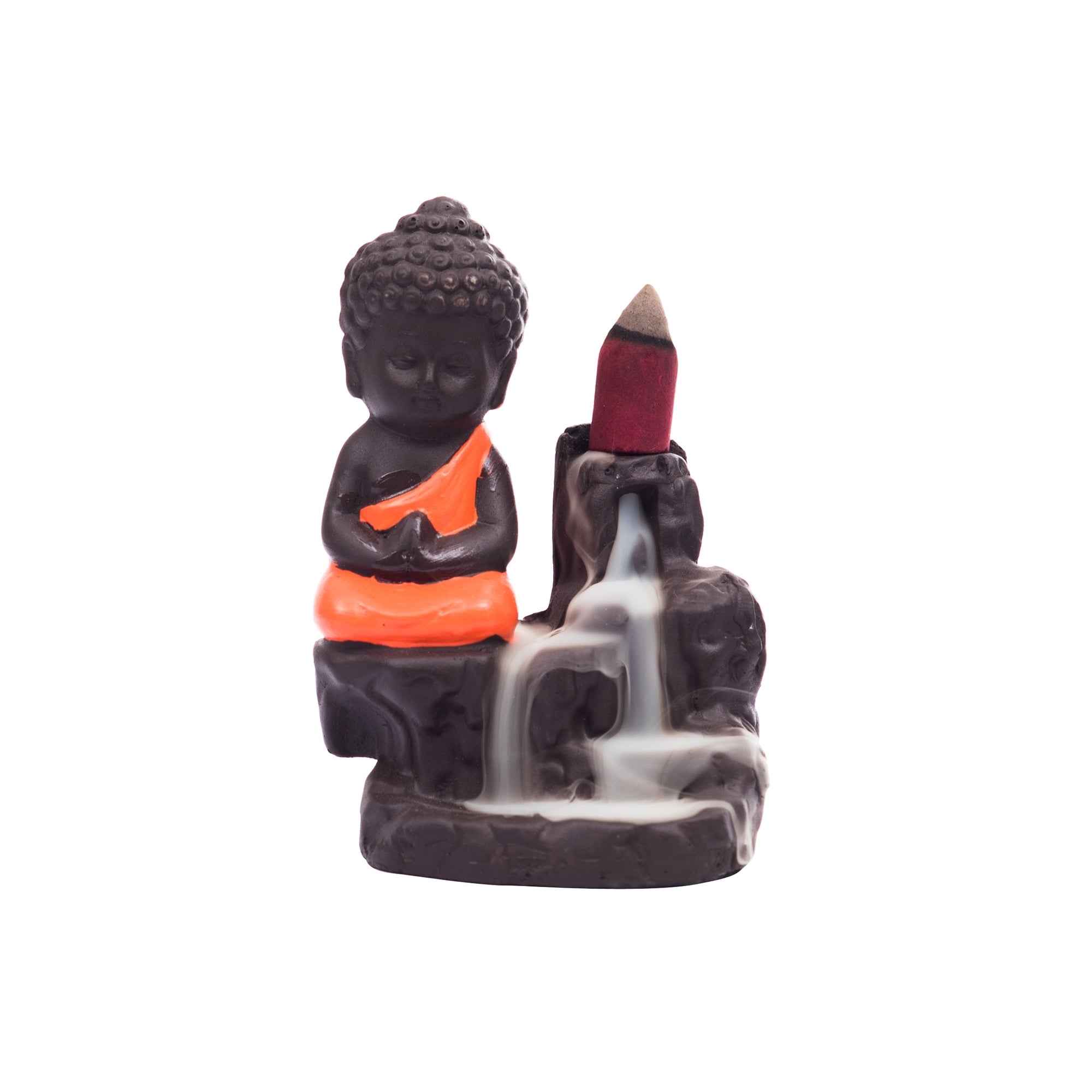 Meditating Monk Buddha Statue Smoke Backflow Cone Incense Holder Decorative Showpiece with 10 free Smoke Backflow Scented Cone Incenses(Orange and Brown) 2