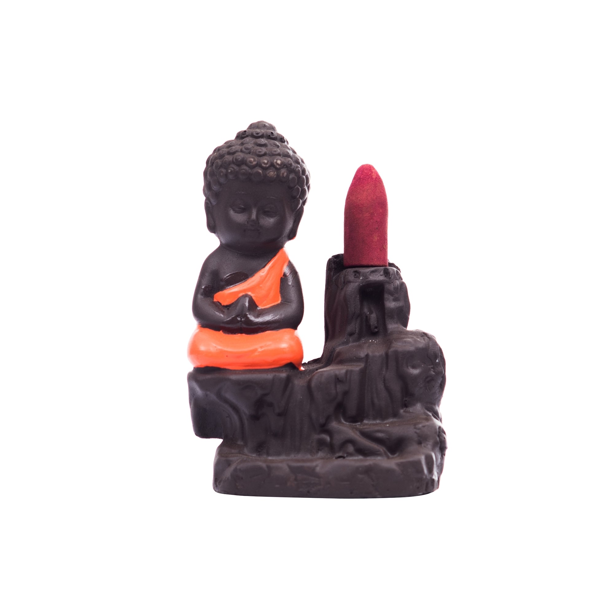 Meditating Monk Buddha Statue Smoke Backflow Cone Incense Holder Decorative Showpiece with 10 free Smoke Backflow Scented Cone Incenses(Orange and Brown) 3