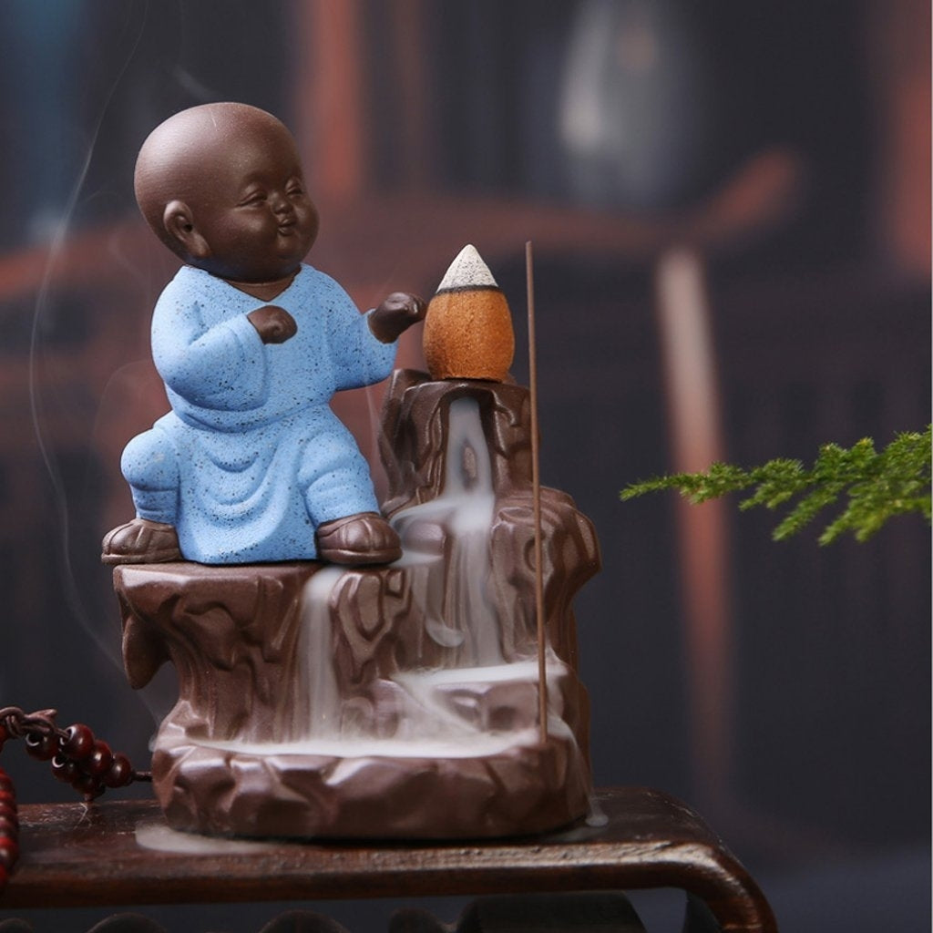 Karate Style Monk Buddha Statue Smoke Backflow Cone Incense Holder Decorative Showpiece with 10 free Smoke Backflow Scented Cone Incenses(Blue and Brown)