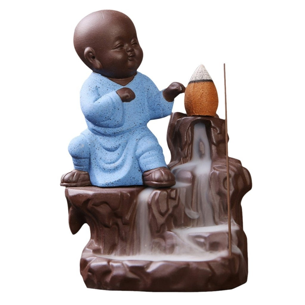Karate Style Monk Buddha Statue Smoke Backflow Cone Incense Holder Decorative Showpiece with 10 free Smoke Backflow Scented Cone Incenses(Blue and Brown) 1
